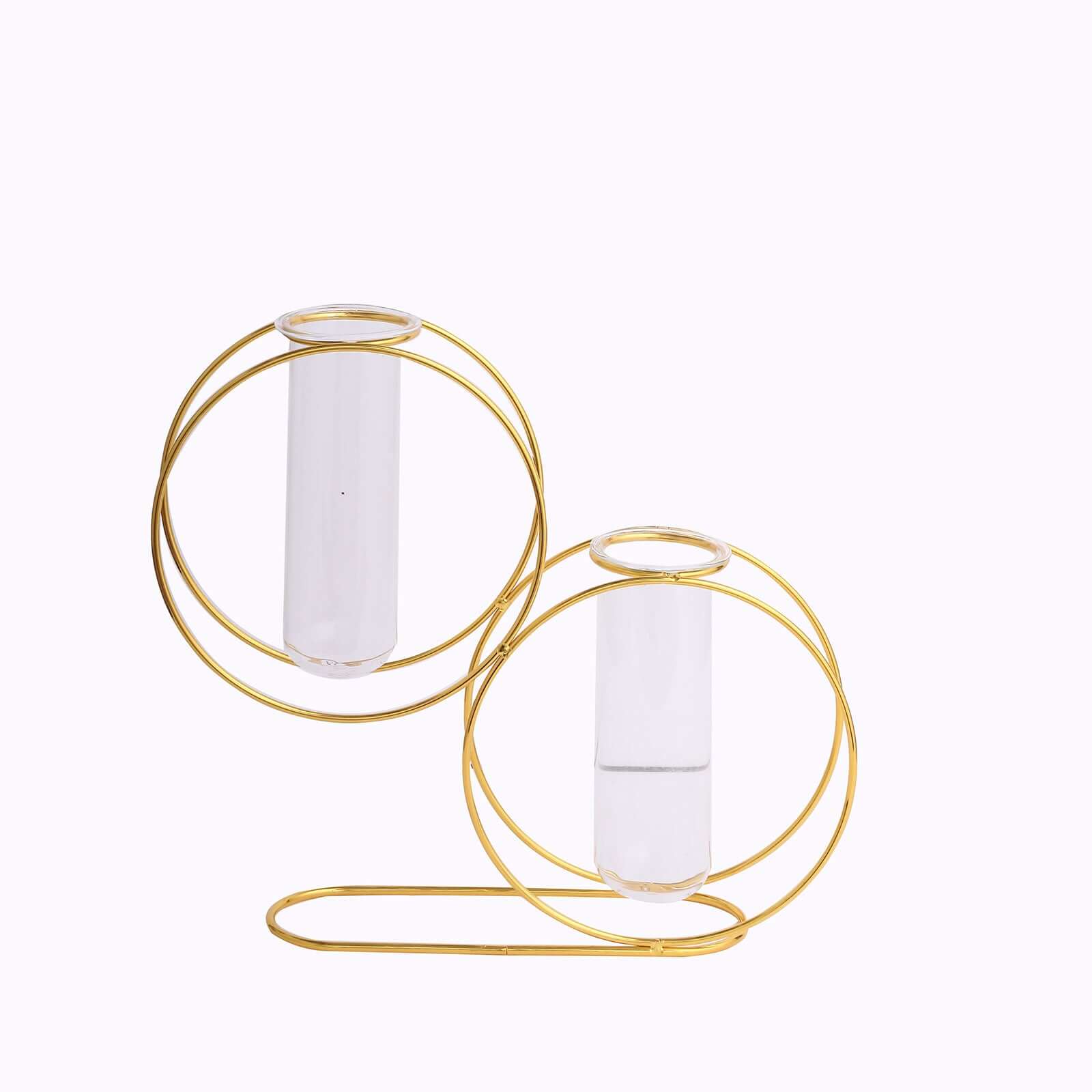 2 Pack 10" Gold Metal Geometric Floating Glass Vase Centerpiece, Nordic Style Double Ring Test Tube Flower Vase