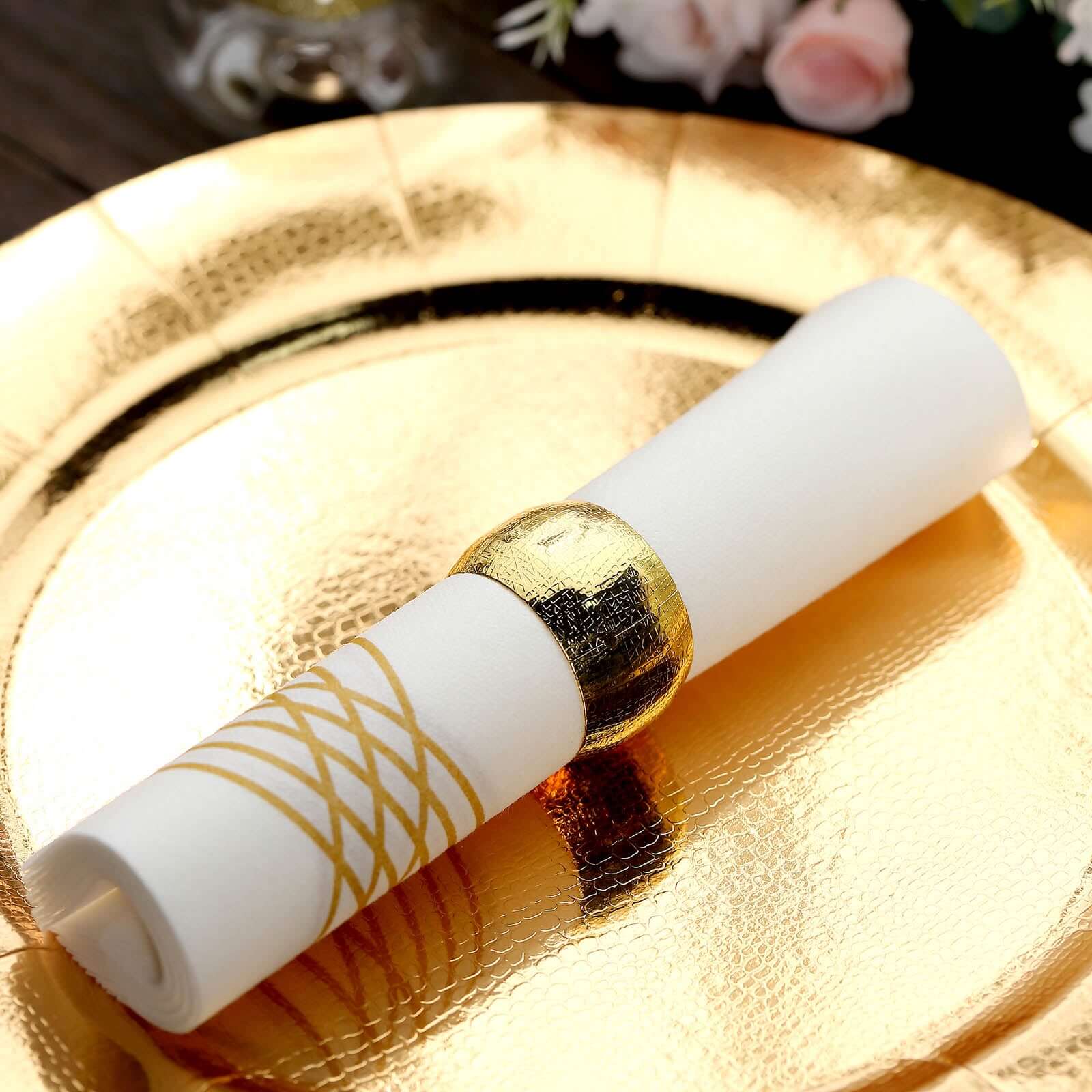 25 Pack Linen-Like Paper 8"x4" Napkins White with Metallic Gold Foil Wave Design - Soft & Absotbent Airlaid Hand Towels for Exquisite Weddings & Events