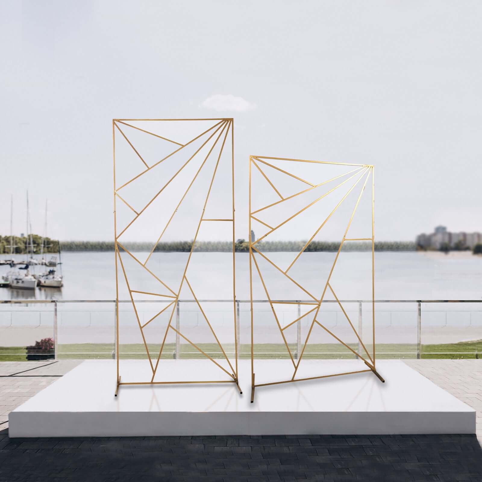 7ft Tall Gold Metal Rectangular Geometric Flower Frame Prop Stand, Wedding Backdrop Floor Stand With Cloudy Film Insert