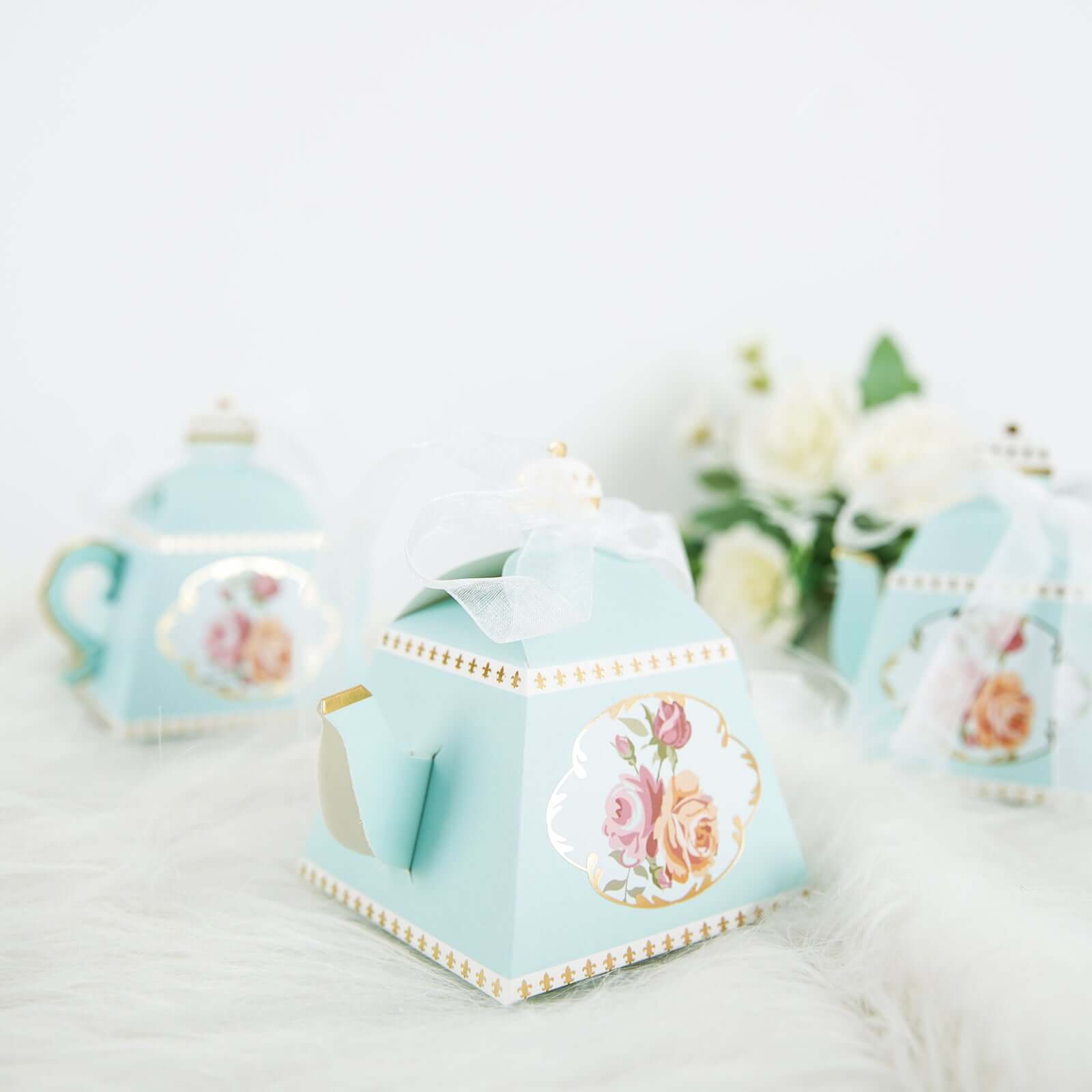 25 Pack 4" Light Turquoise Mini Teapot Favor Boxes, Vintage Rose Gift Boxes with Ribbons
