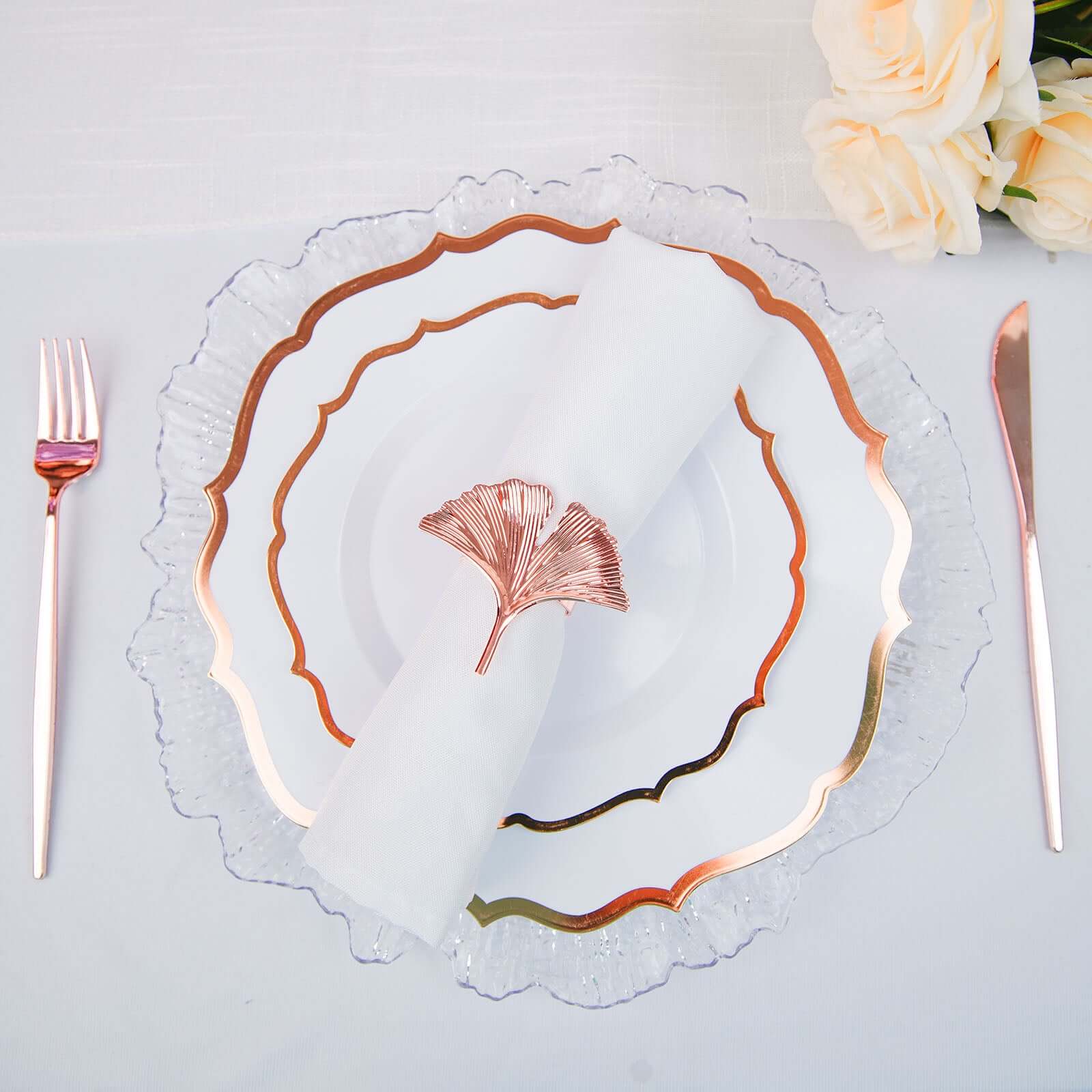 4 Pack Metallic Rose Gold Ginkgo Leaf Napkin Rings, Ornate Design Linen Napkin Holders