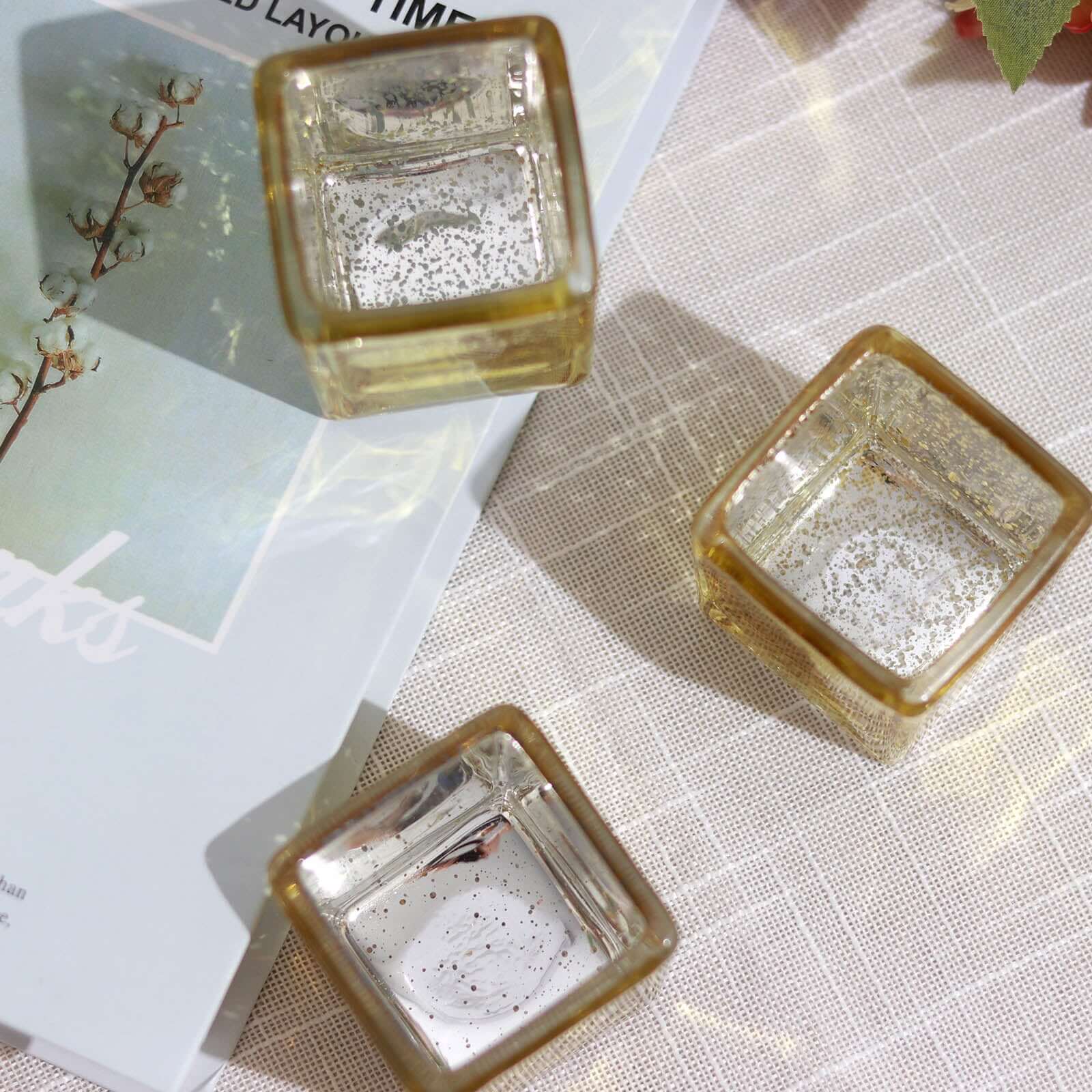 12-Pack Mercury Glass Candle Holders Gold with Speckled Design - Square Votive Tealight Holders 2"