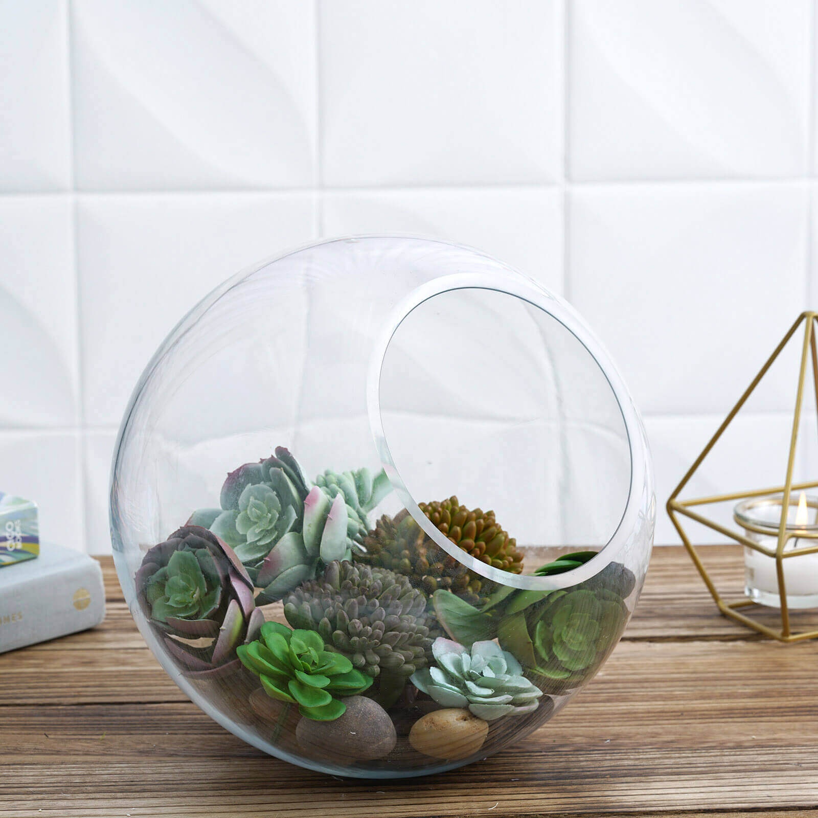 Glass Sphere Vase Slant Cut Design Clear - Hobnail Bubble Candle Holder for Wedding Tables 9"