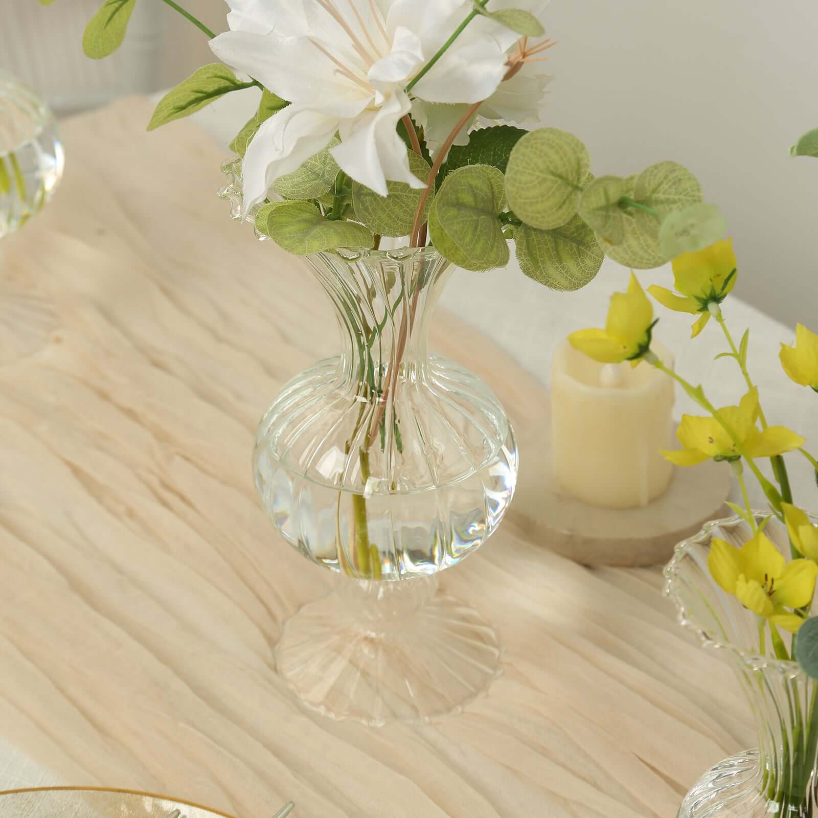 Set of 4 Glass Flower Vases Nordic Style with Petals Texture Clear - Transparent Bud Planters for Wedding Table Decor 7", 9"