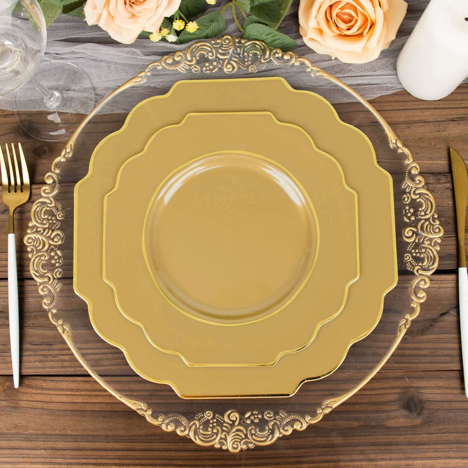 10-Pack Plastic Dinner Plates in Gold Baroque Design with Scalloped Gold Rim - Heavy Duty Disposable Party Plates for Events & Banquets 11"