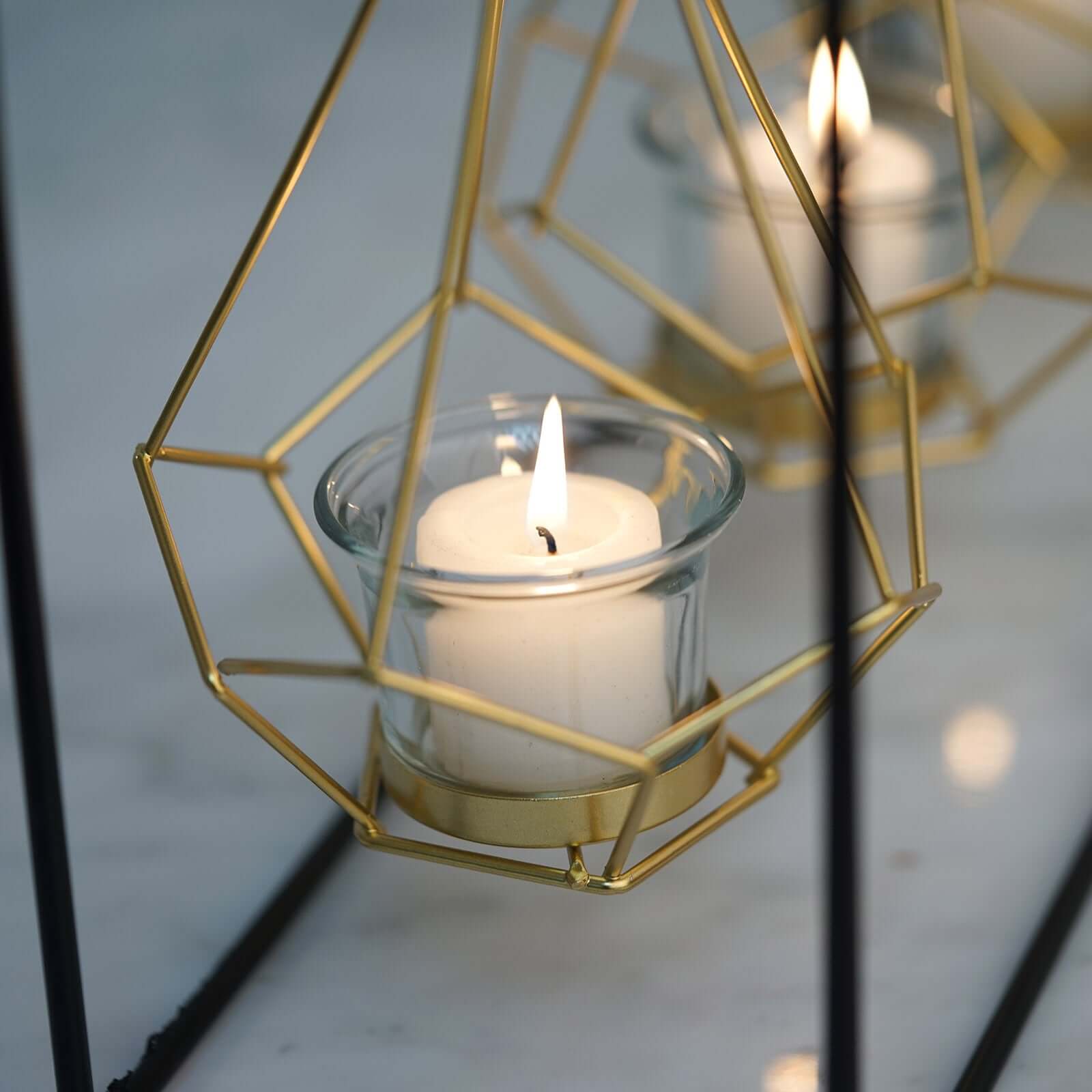 3-Pack Hanging Candle Holders Gold Geometric Design 8" with Black Iron Stand - Trendy Tealight Centerpieces for Tables 10" Tall