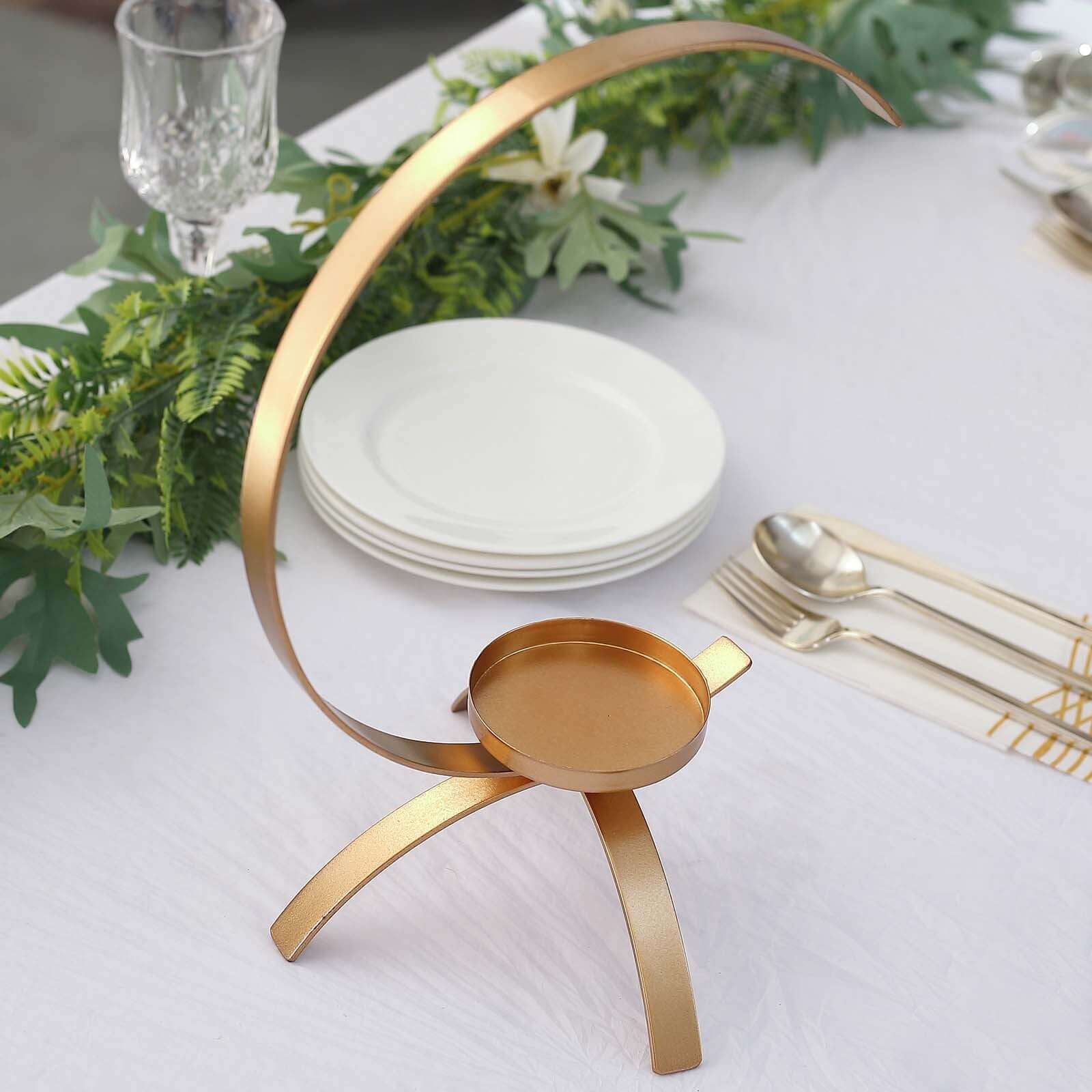 Moon Shaped Tealight Hurricane Candle Holder Gold Metal - Decorative Centerpiece Design 13"