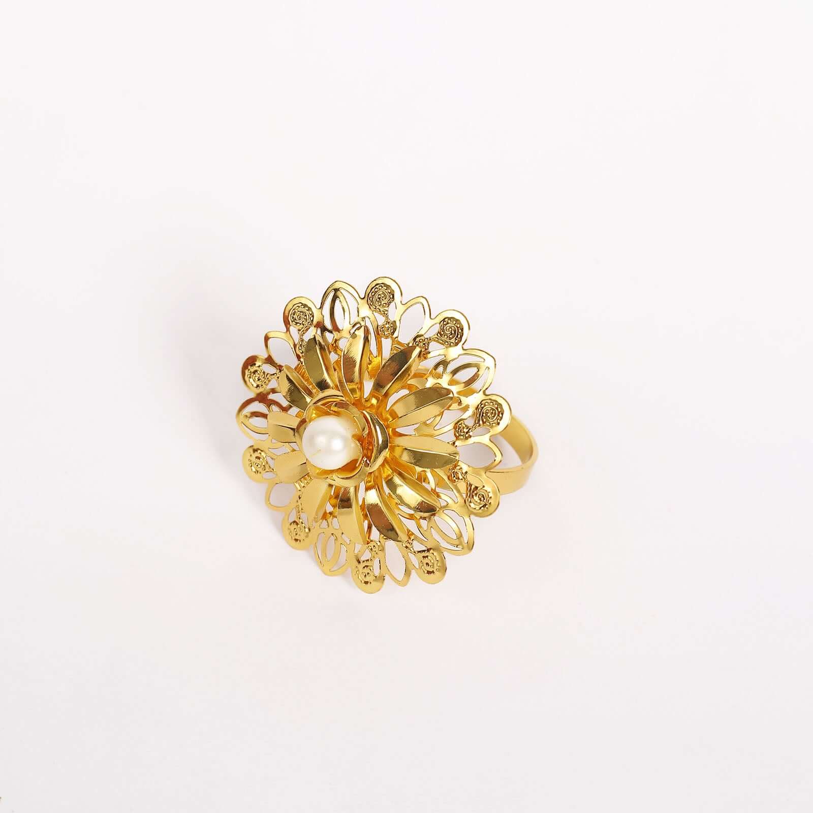 4 Pack 2" Elegant Gold Metal Pearl Floral Serviette Napkin Rings, Daffodil Flower Buckle Napkin Holders