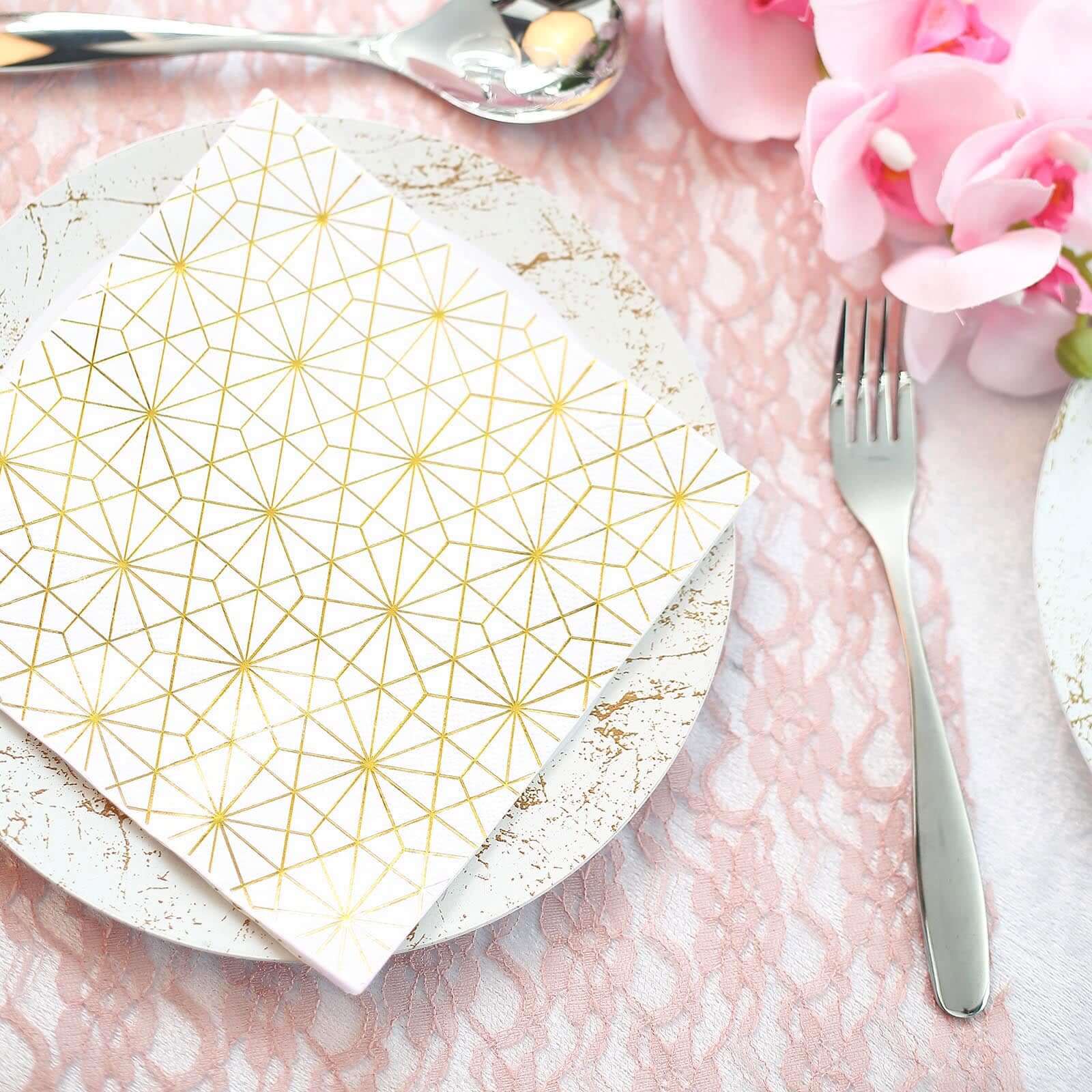 20-Pack Paper Dinner Napkins with Geometric Design Metallic Gold - Disposable 3 Ply Cocktail Napkins for Weddings