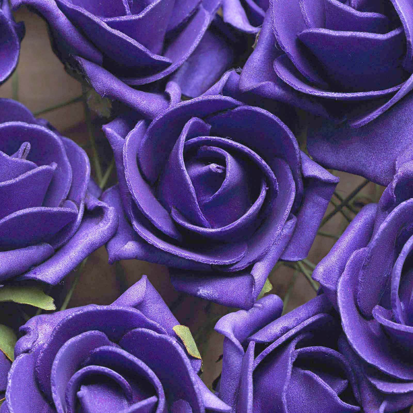 24 Roses 2" Purple Artificial Foam Flowers With Stem Wire and Leaves