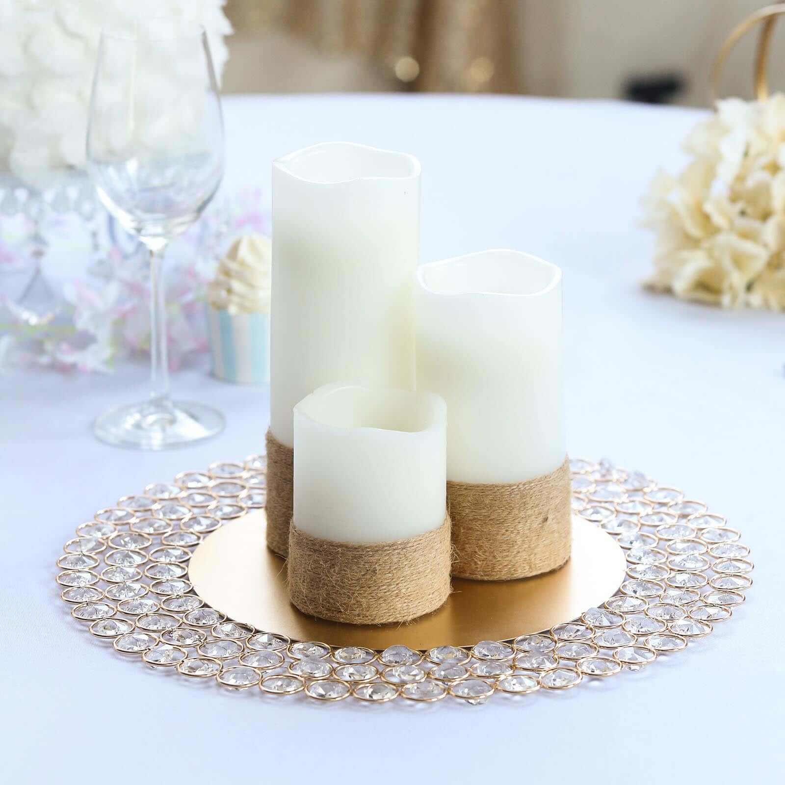 Wired Metal Round Charger Plate 14" in Gold with Acrylic Crystal Beads, Glamorous Decorative Dinner Charger Tableware