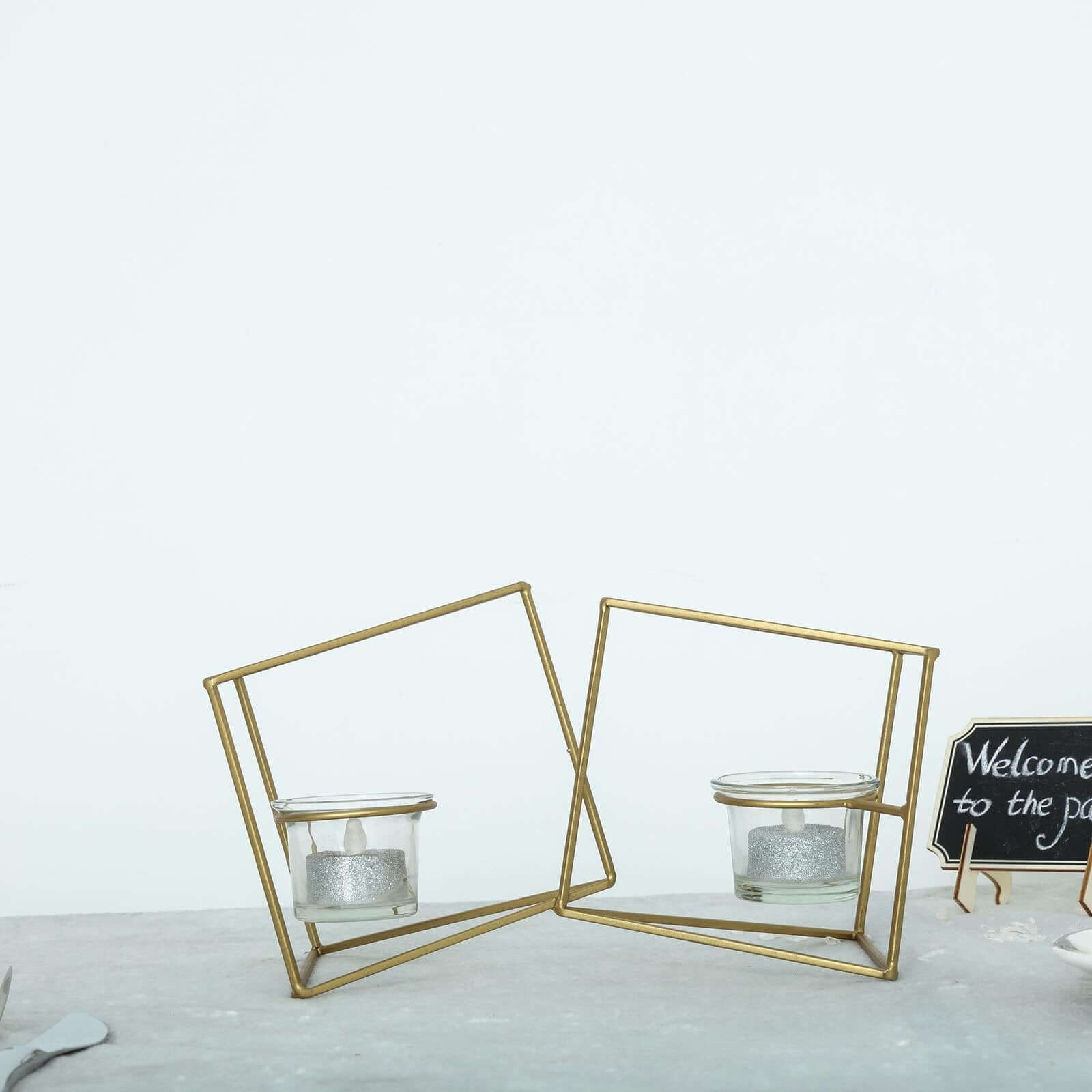 Set of Metal Candle Holders Linked Geometric Design Gold - Chic Votive Glass Decor for Events & Gatherings 9"