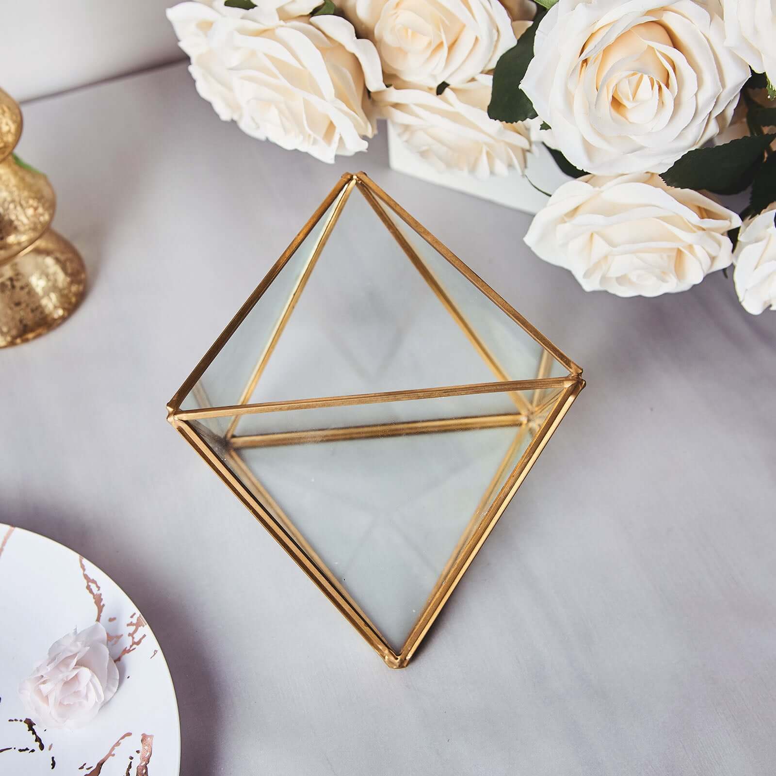 Glass Terrarium Hanging Diamond Prism Design Metal Gold - Geometric Holder for Air Plants & Displays 9"