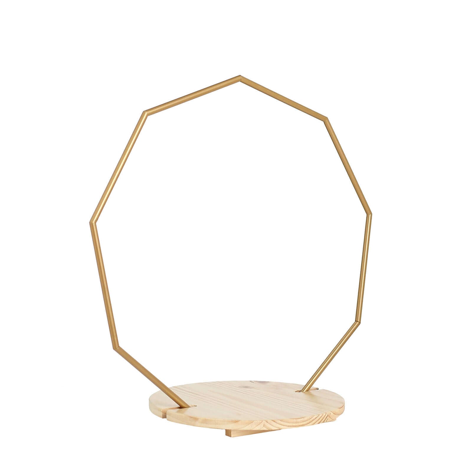 Metal Nonagon Floral Hoop Cake Stand Gold - Chic Geometric Dessert Display DIY Centerpiece Table Decoration With Wooden Base 27"
