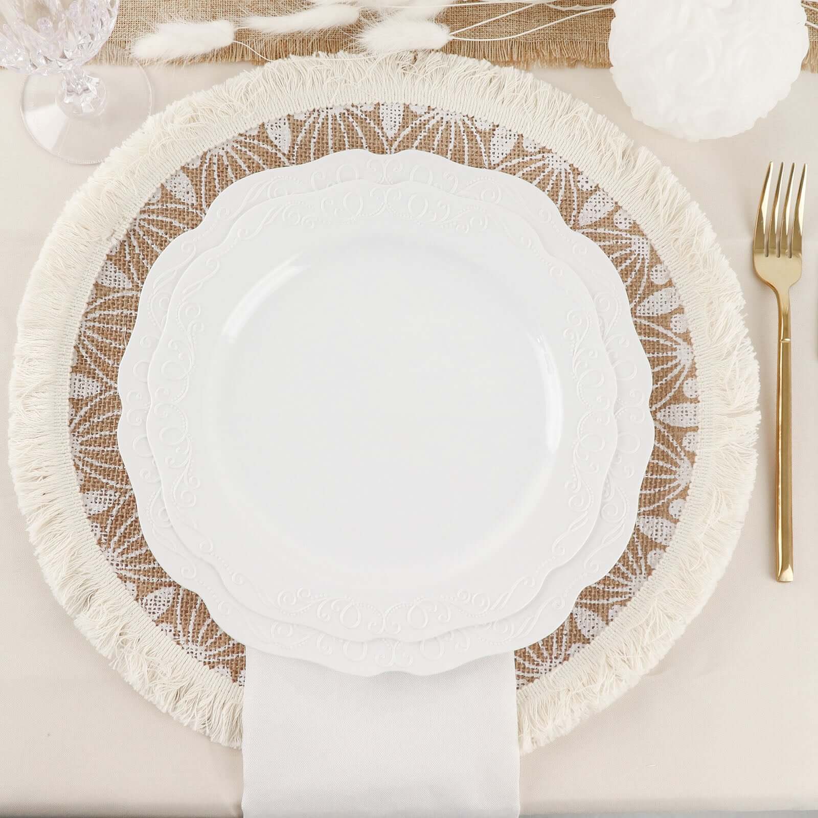 4-Pack Placemats Mandala Print Fringe Design Natural Jute and White Round - Rustic Burlap Tassel Style 15"