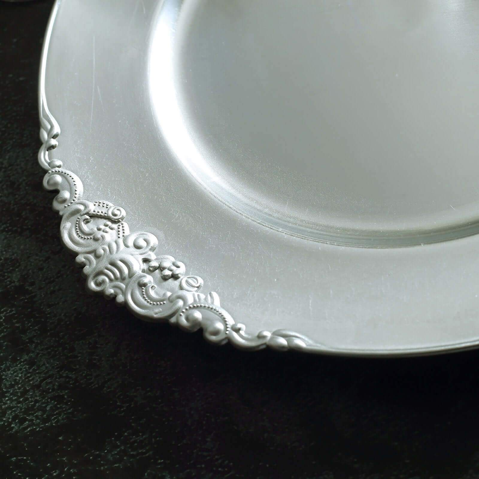 6-Pack Acrylic Round Charger Plates 13" in Silver with Embossed Baroque Rim, Antique Decorative Dinner Party Charger Tableware