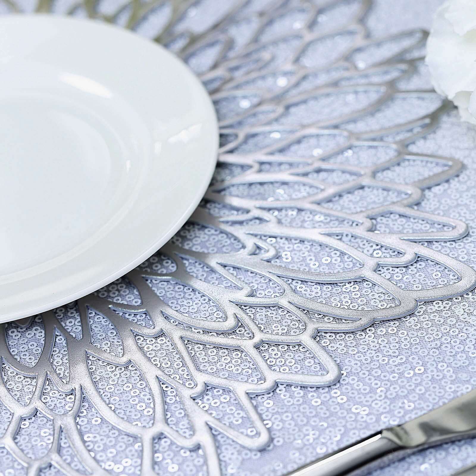 6-Pack Dining Table Mats Floral Design Silver - Metallic Vinyl Round Non-Slip Mats for Tables 15"