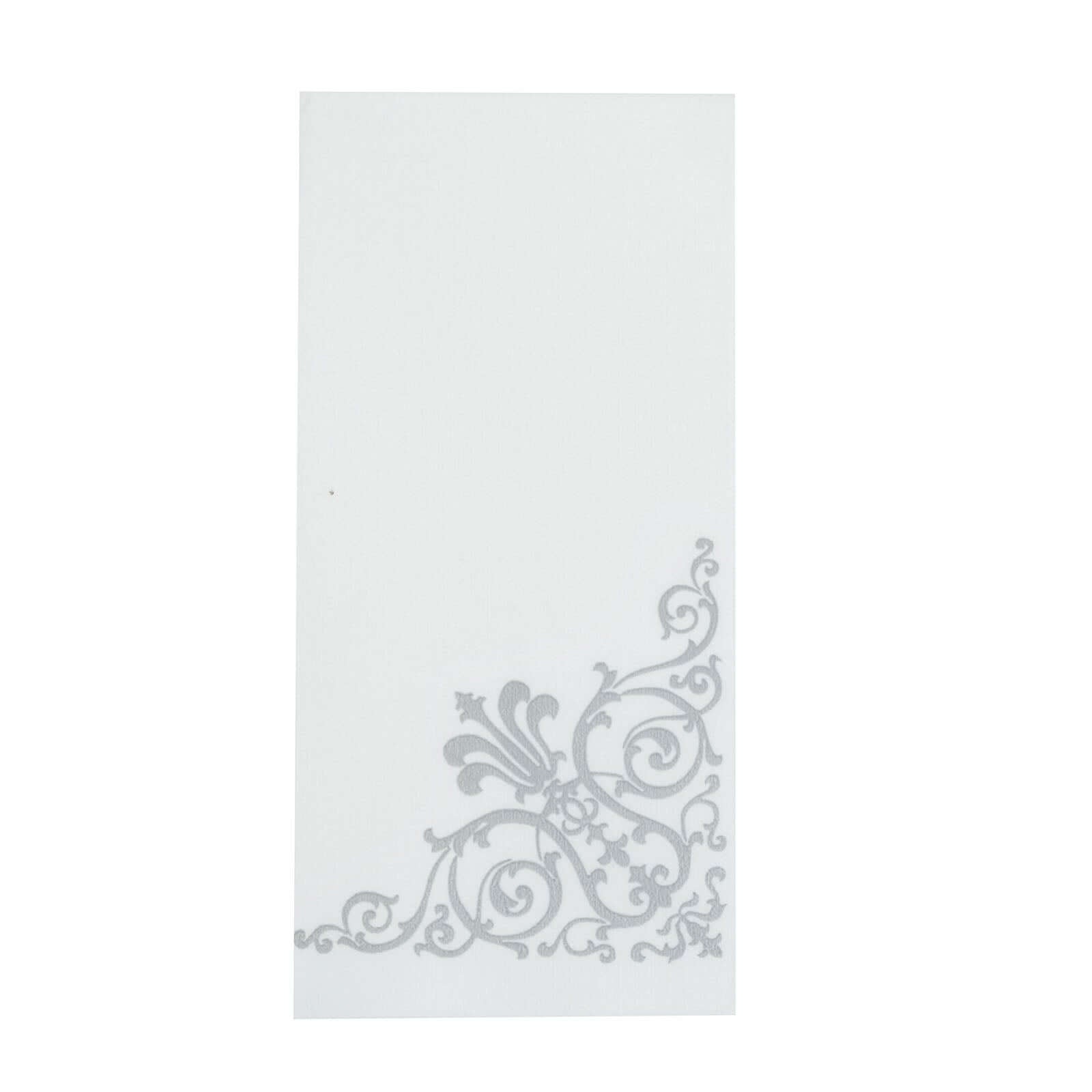 25 Pack Linen-Like Paper 8"x4" Napkins White with Metallic Silver Foil Fleur Vintage Design - Classy Disposable Airlaid Hand Towels for Weddings & Events