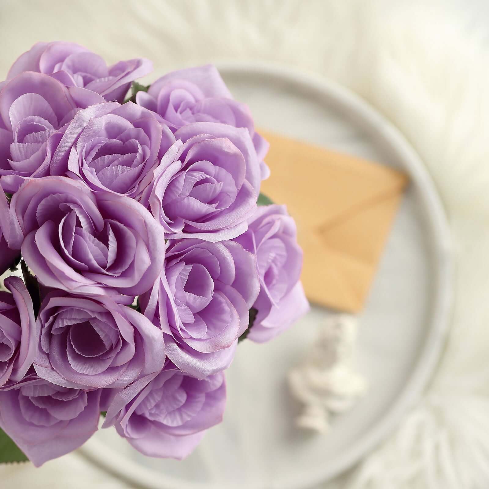12" Lavender Lilac Artificial Velvet-Like Fabric Rose Flower Bouquet Bush
