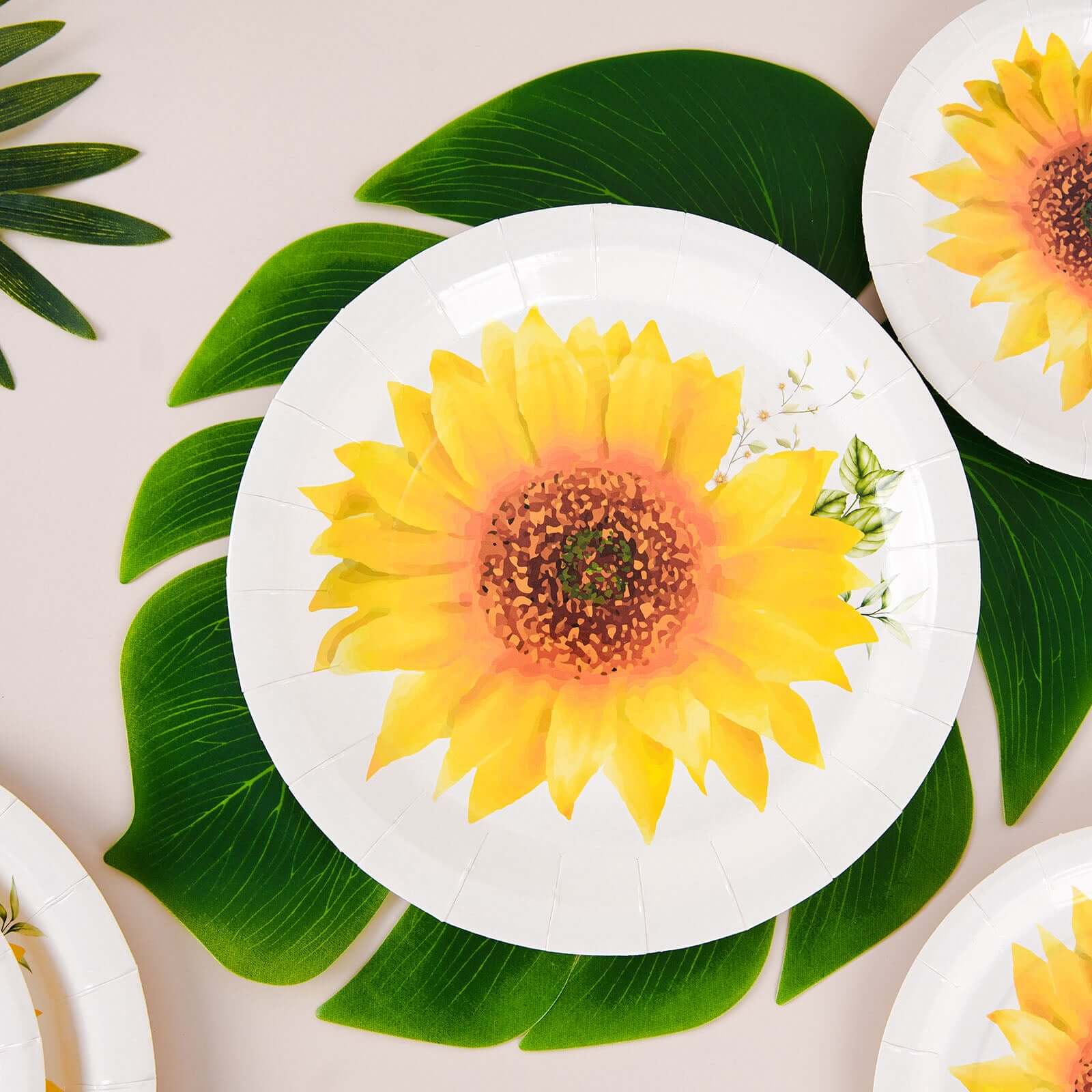 25-Pack Paper 9" Round Dinner Plates in White with Sunflower Design - Disposable Party Plates for Rustic Events & Garden Themes