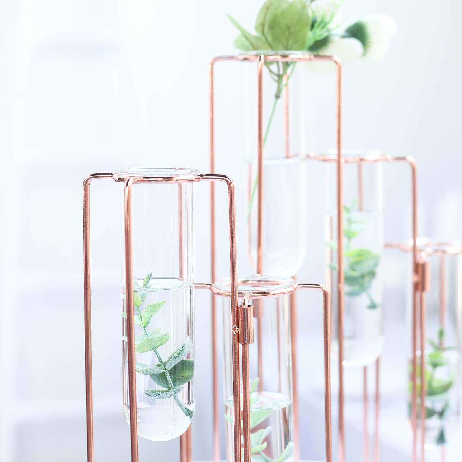 Set of 5 Wedding Centerpieces Rose Gold Frame Conjoined Geometric Design - Test Tube Hydroponic Vases 15"