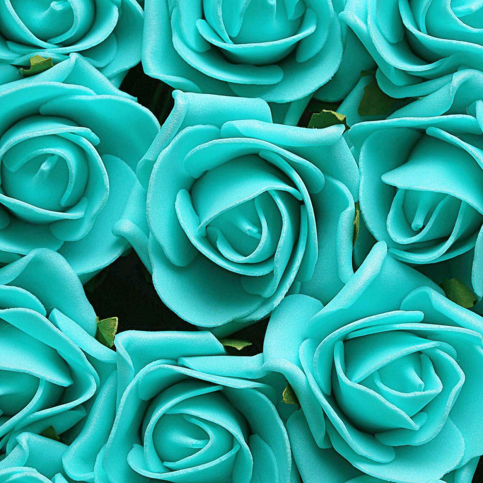 24 Roses 2" Turquoise Artificial Foam Flowers With Stem Wire and Leaves