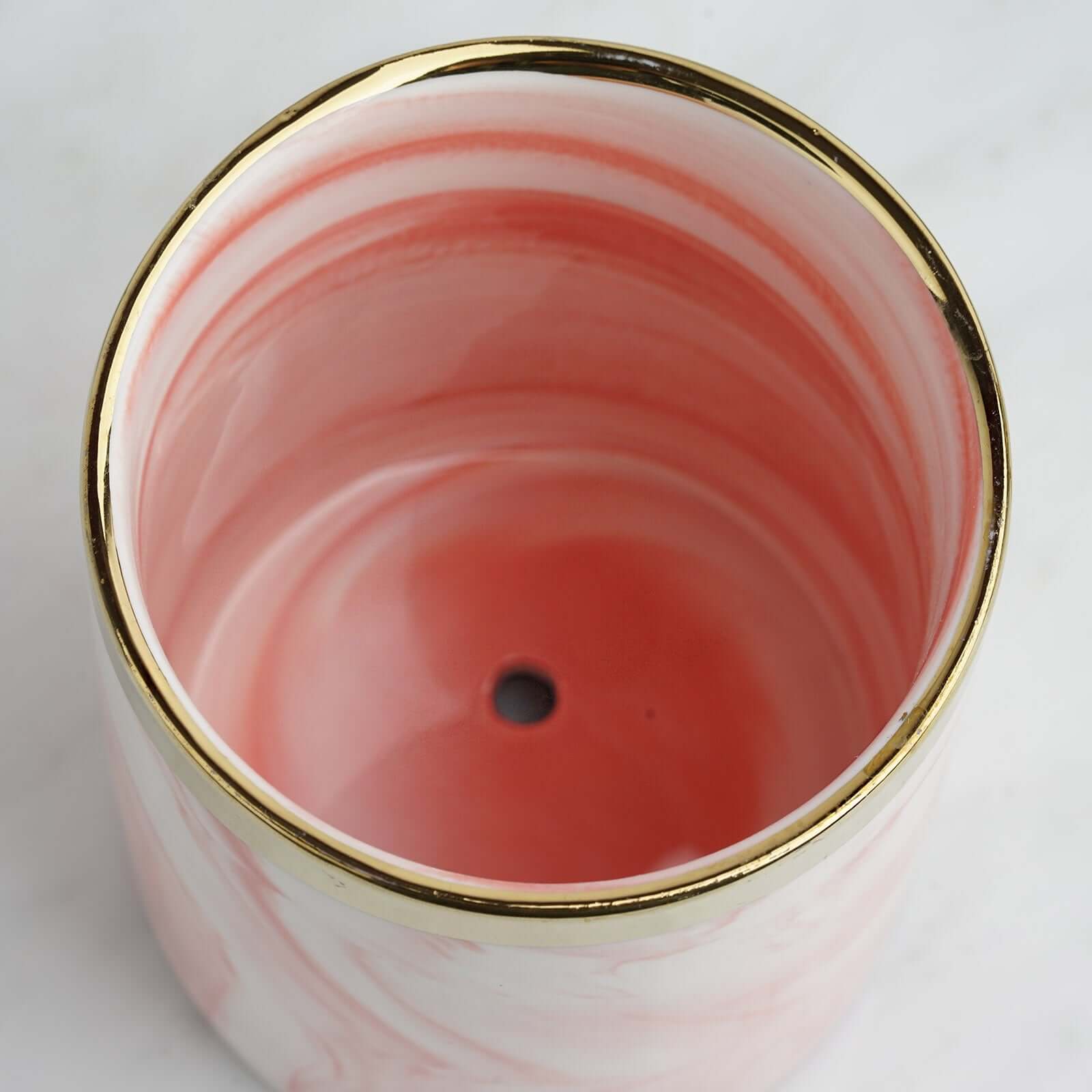 Ceramic Planter Gold Rimmed Pink Marble Design with Gold Metal Stand - Decorative Vase 8"