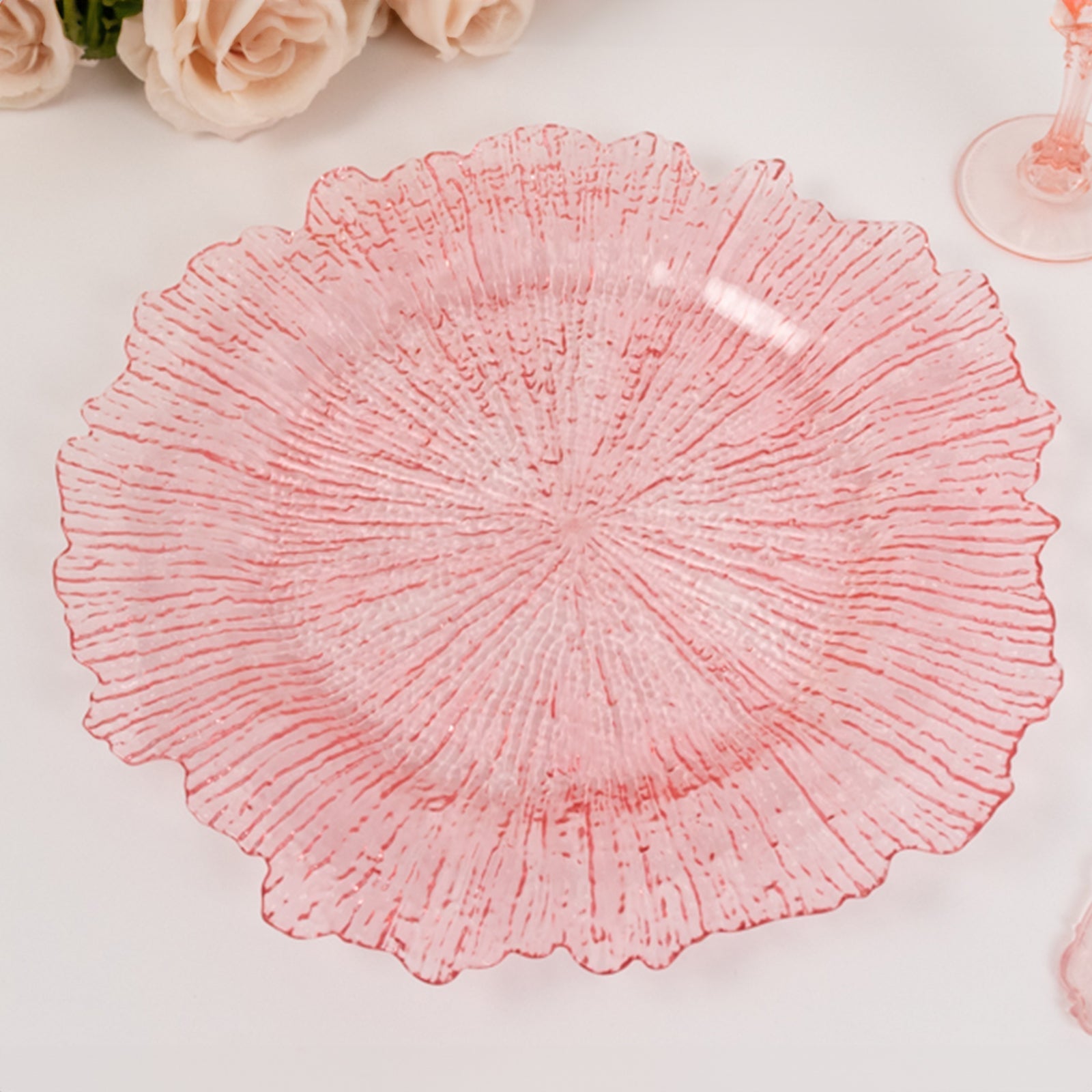 6-Pack Acrylic Plastic Round Charger Plates 13" in Transparent Blush with Reef Design, Dinner Charger Tableware
