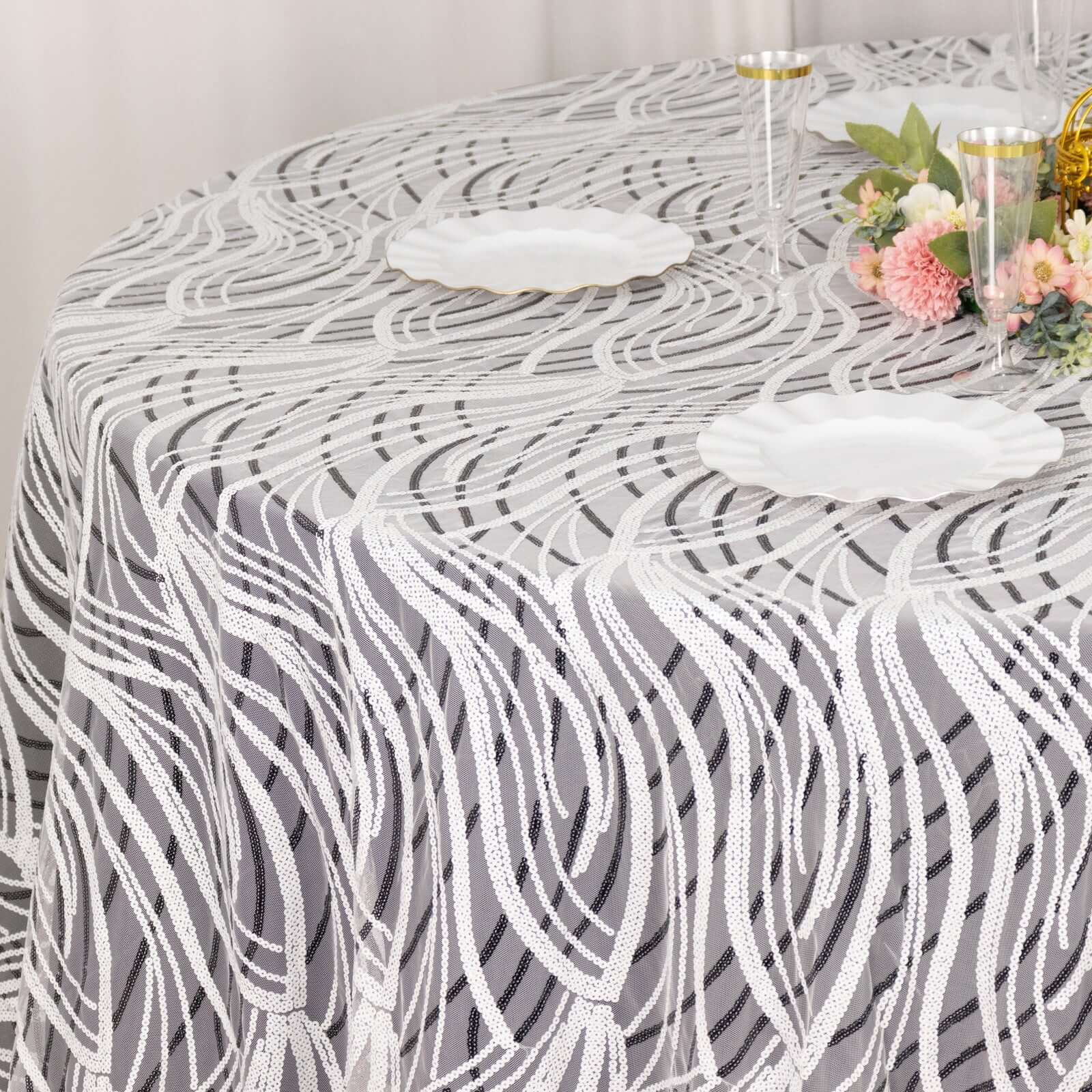 Sequin Mesh 120" Round Tablecloth White Black - Seamless Wave Embroidered Table Cover