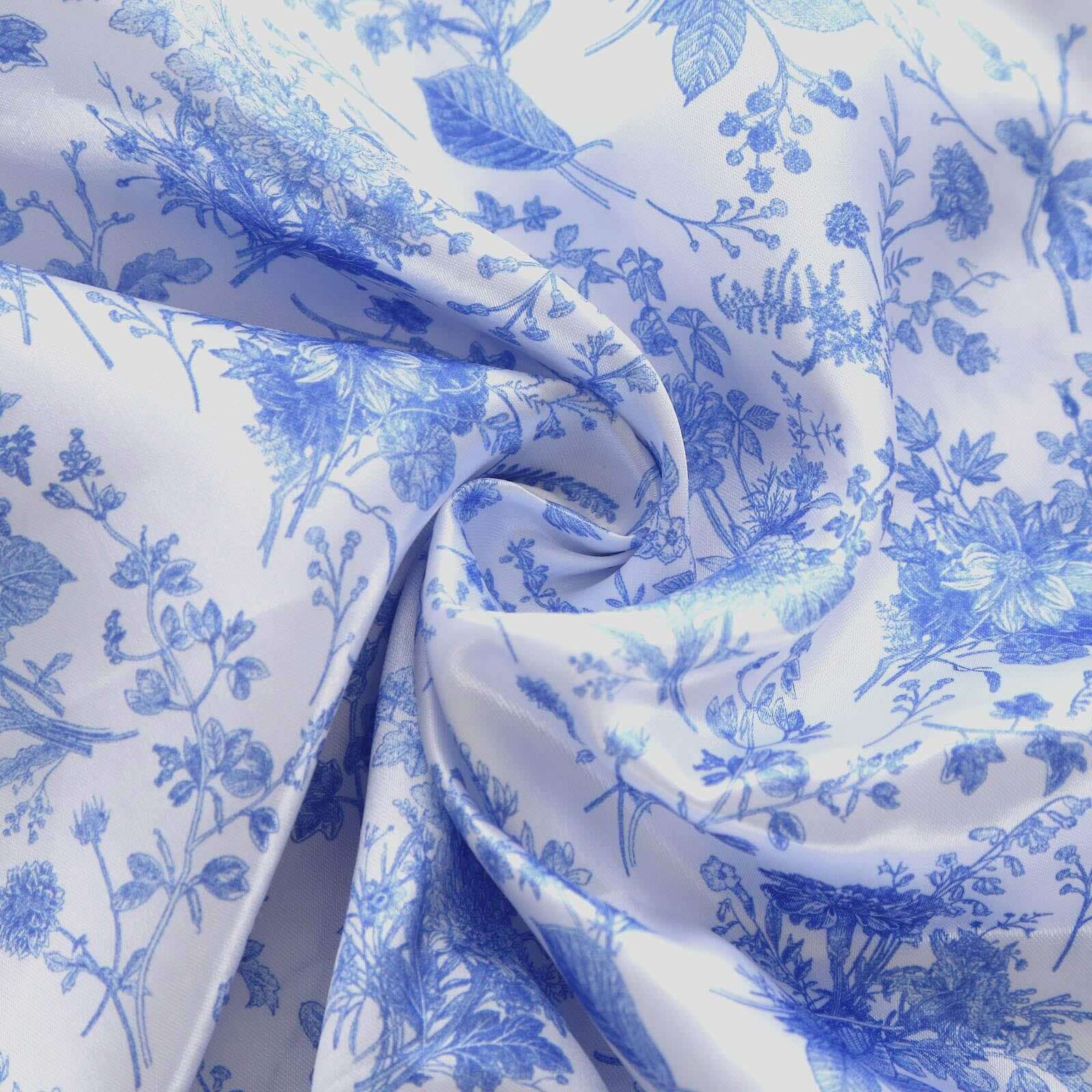 Satin Round 90"x156" Tablecloth White/Blue French Toile Design - Seamless Stylish & Wrinkle-Resistant Table Cover