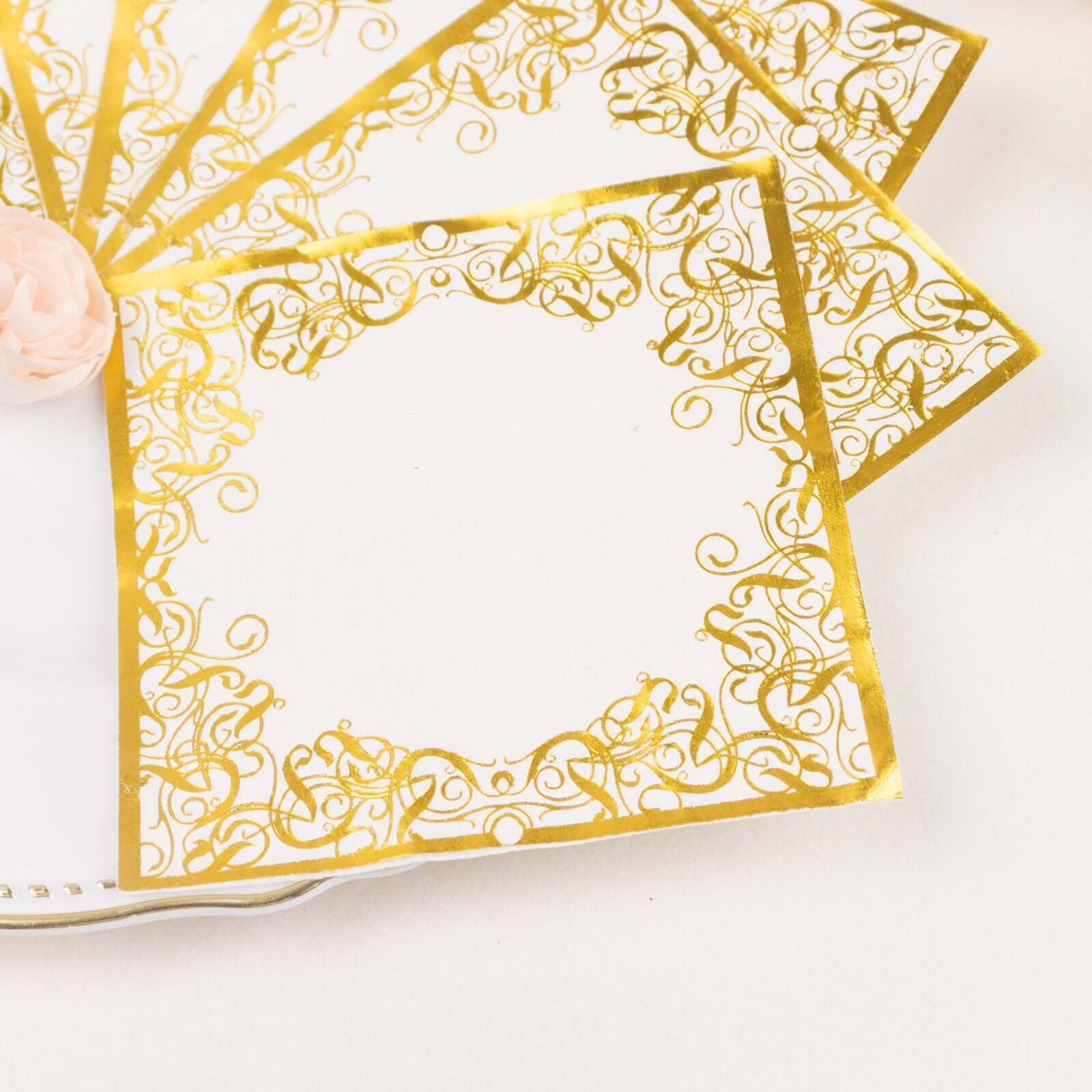 20-Pack Paper Beverage Napkins with Gold Foil Lace Design White - 3 Ply Disposable 18GSM European Style Cocktail Napkins 5"x5"