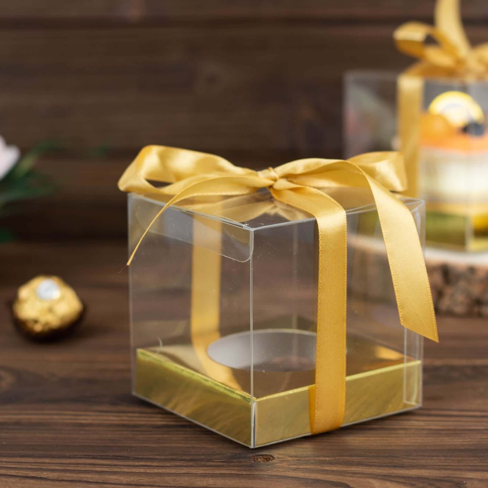12 Pack 3.5" Clear Metallic Gold Disposable Cupcake Boxes With Ribbon Tie, Plastic Wedding Favor Boxes