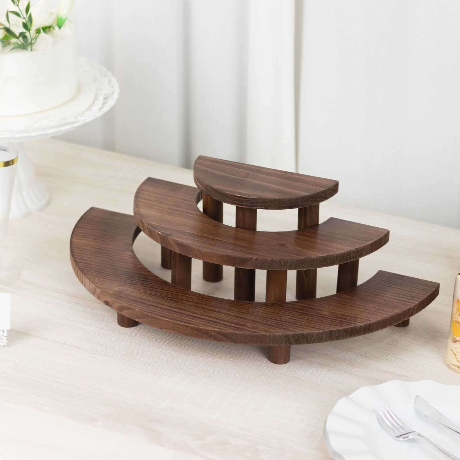Set of 3 Wooden Dessert Pedestals Rustic Brown 3-Tier Semicircle Design - Half Moon Cupcake Display Risers 7", 13", 18"