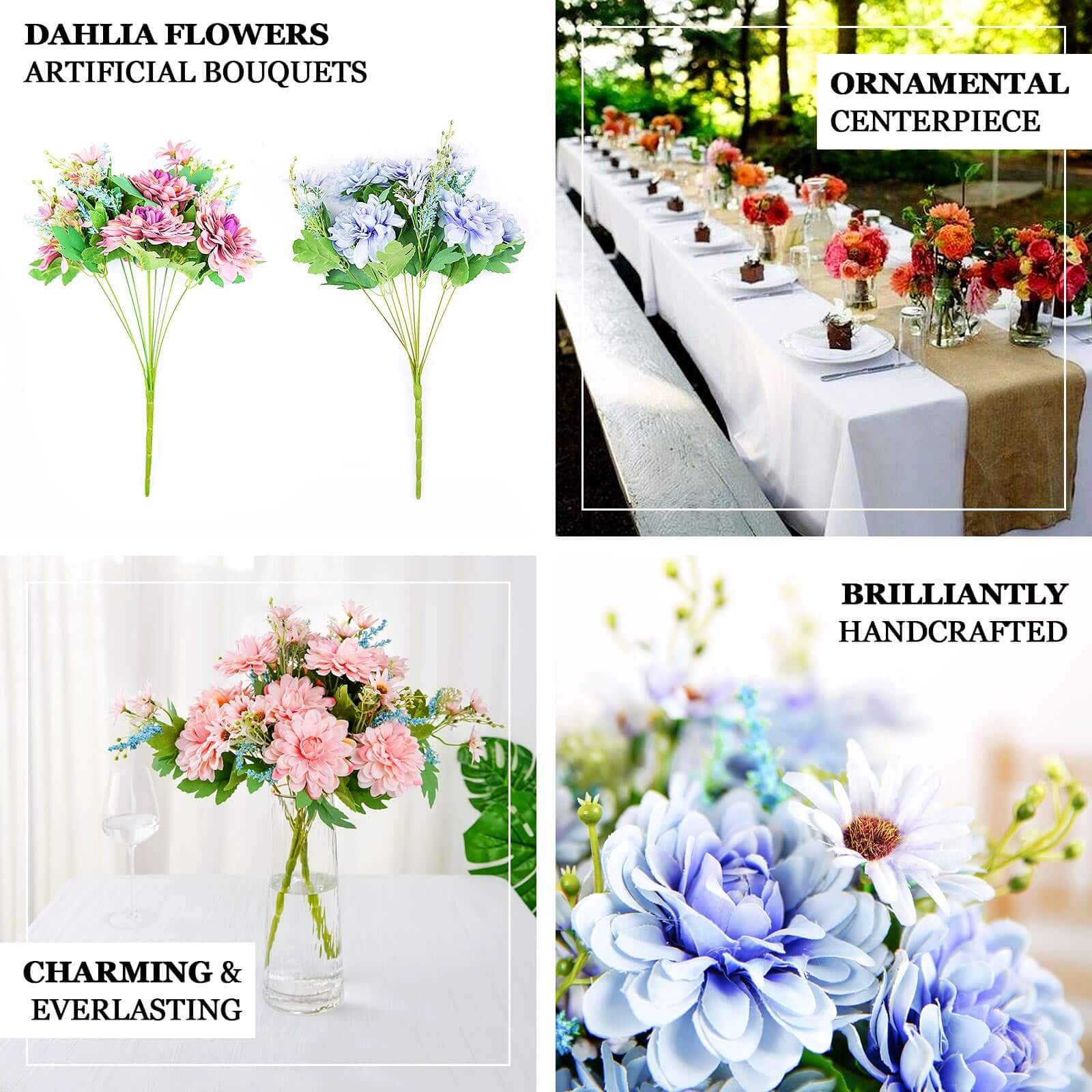 2 Bushes Dusty Blue Artificial Silk Dahlia Flower Bouquet Spray