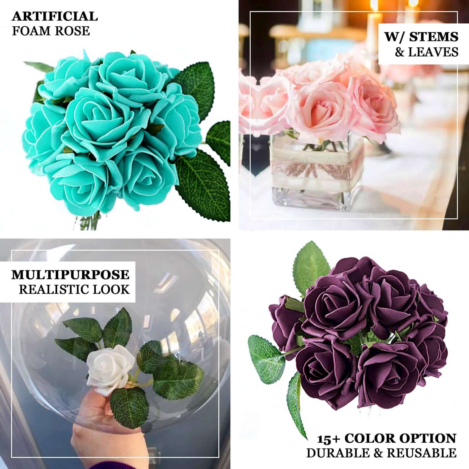24 Roses 2" Cream Artificial Foam Flowers With Stem Wire and Leaves