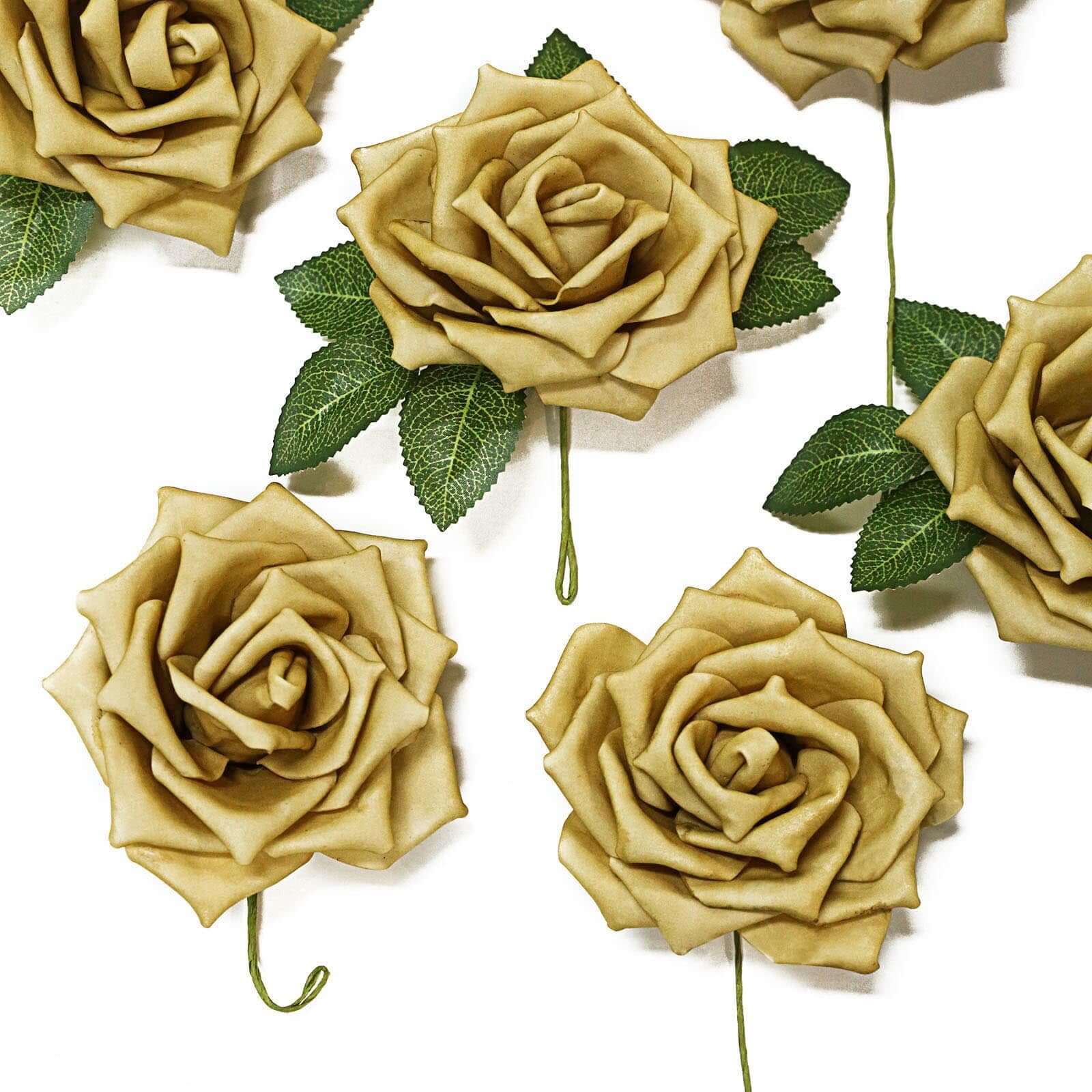 24 Roses 5" Gold Artificial Foam Flowers With Stem Wire and Leaves