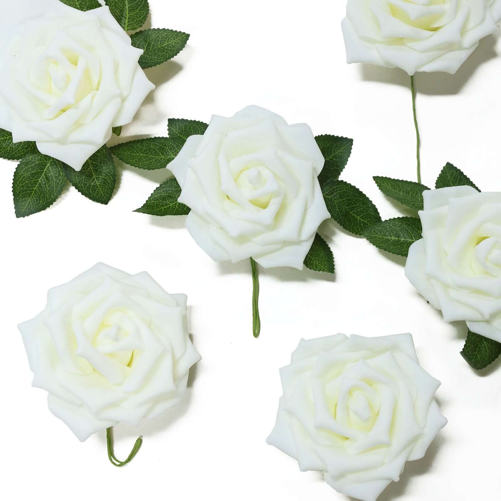 24 Roses 5" Ivory Artificial Foam Flowers With Stem Wire and Leaves