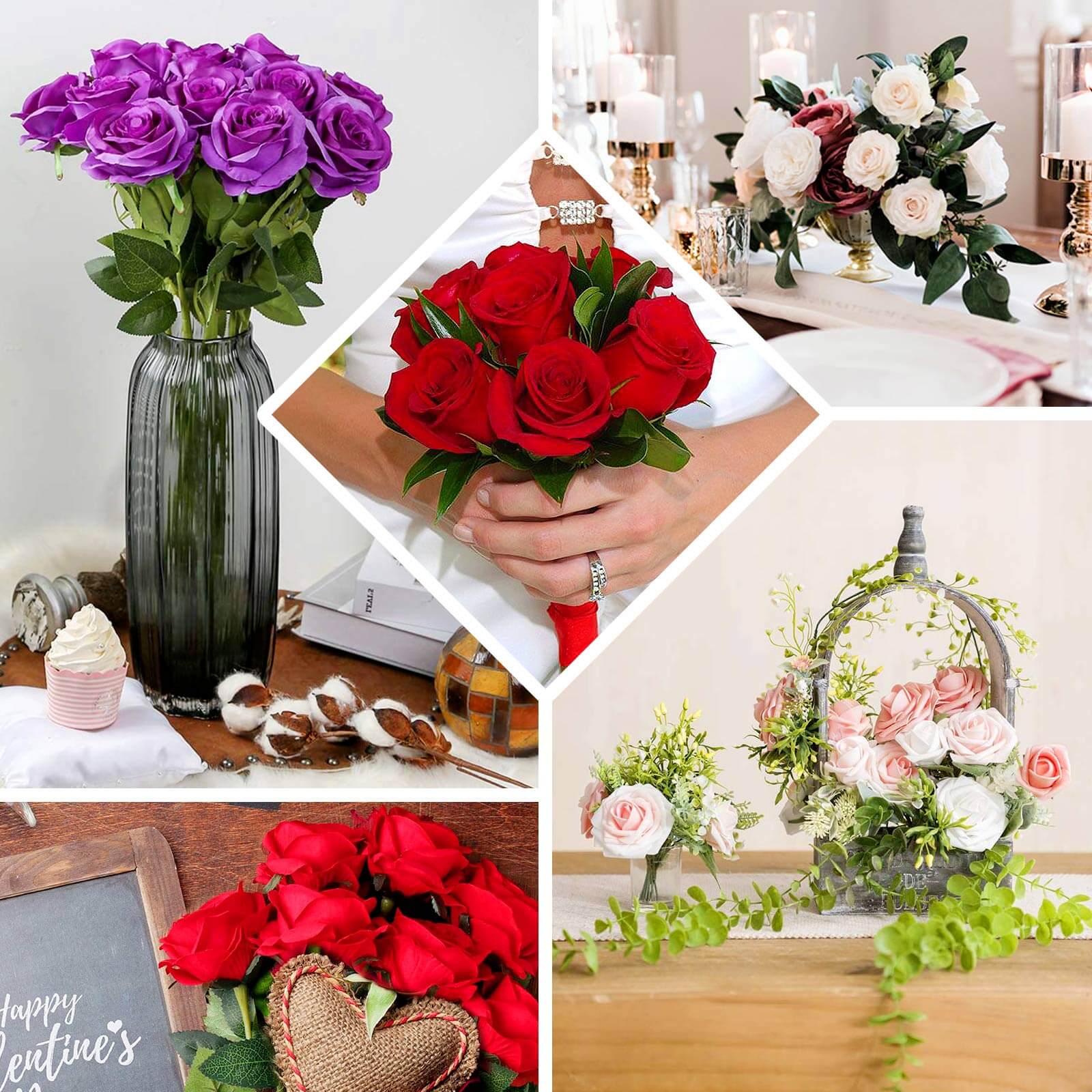 2 Bushes 18" Real Touch Cream Artificial Rose Flower Bouquet, Silk Long Stem Flower Arrangements