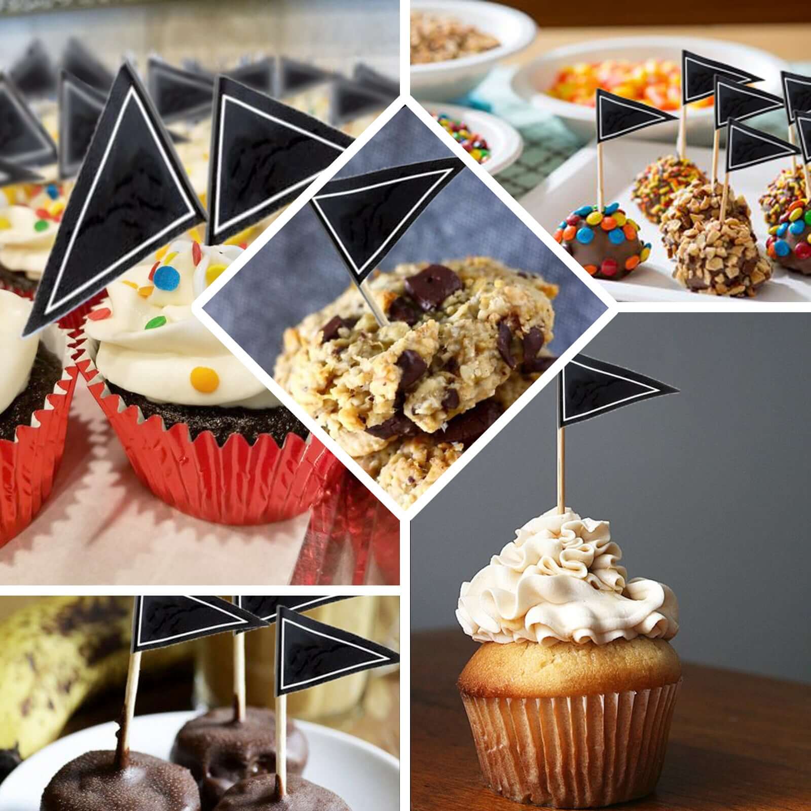 50-Pack Cupcake Topper Picks Black Triangle Flag Design - Food and Cocktail Decorations for Celebrations 3"