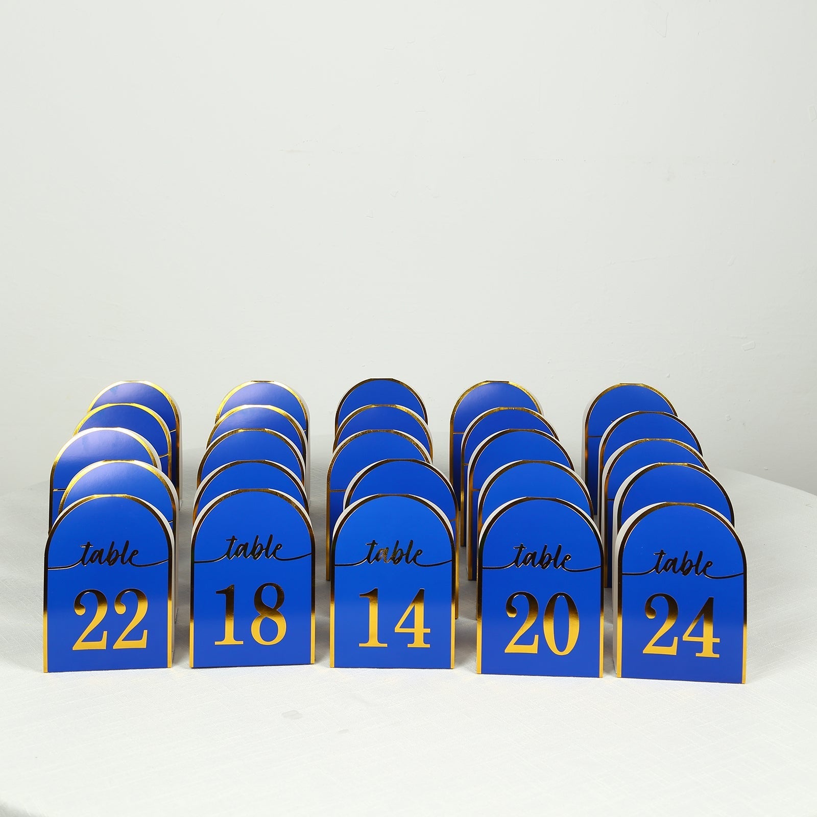 25-Pack Paper Wedding Table Numbers 1-25 Royal Blue Arch Cutout Design - Sleek & Modern Free Standing Double Sided Table Tent Cards with Metallic Gold Foil Numbers 7"