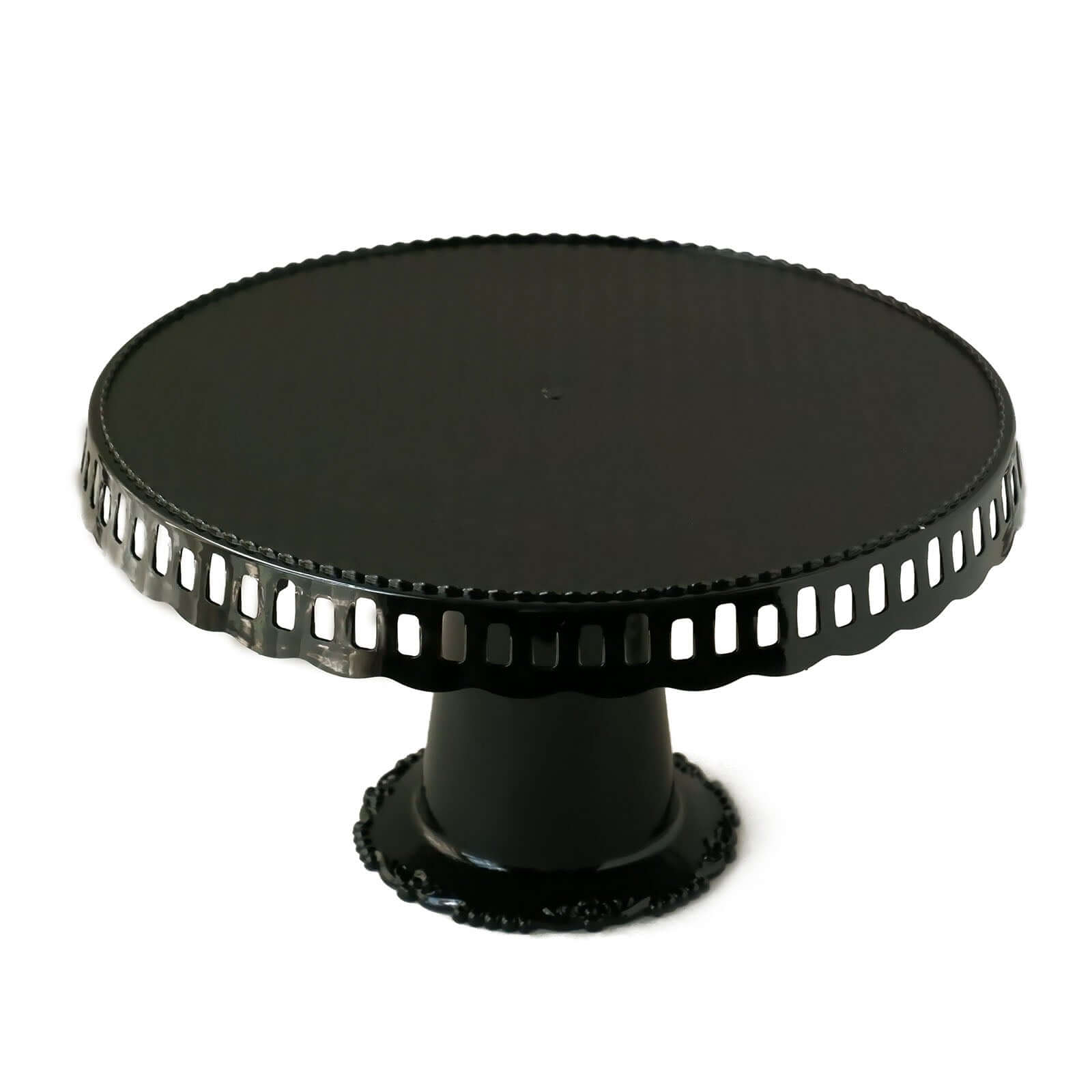 4-Pack Plastic Round Pedestal Cake Stands Black - Reusable Cupcake Pastry Display Risers with Hollow Ribbon Trim Edges for Stylish Dessert Presentation 13"