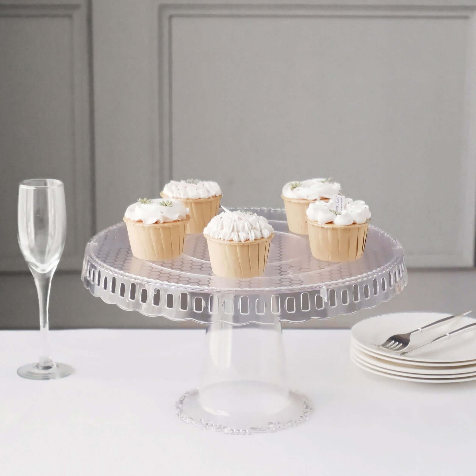 4-Pack Plastic Round Pedestal Cake Stands Clear - Reusable Cupcake Pastry Display Risers with Hollow Ribbon Trim Edges for Stylish Dessert Presentation 13"