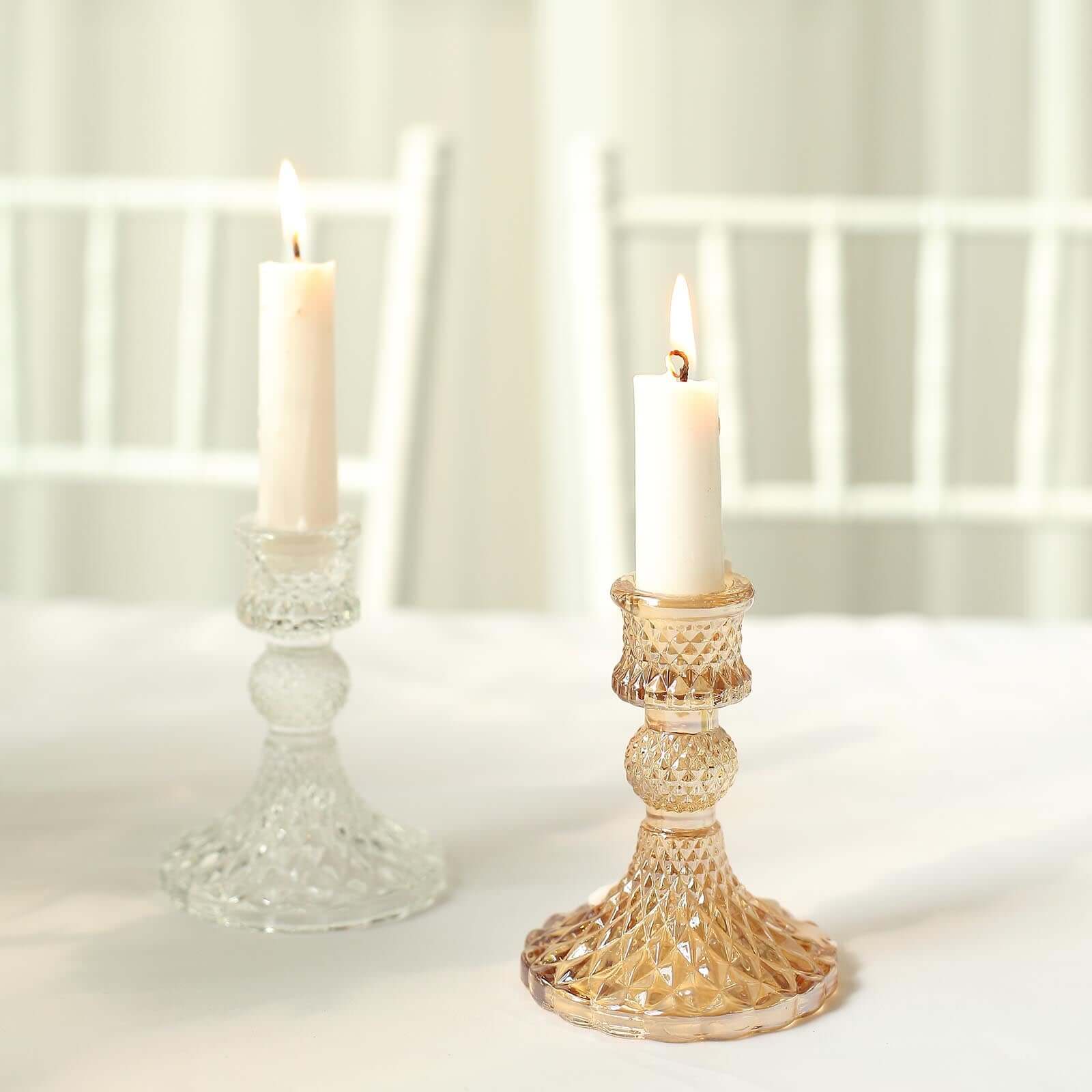 6-Pack Glass Taper Candlestick Holders Diamond Pattern Design Amber Gold - Reversible Crystal Pillar Votive Stands 4"