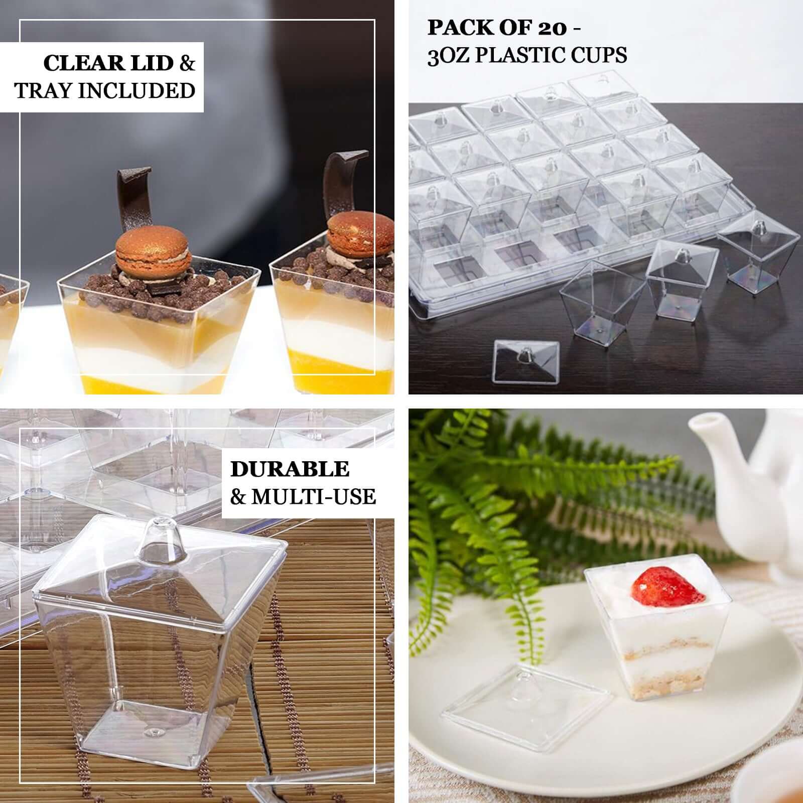 20-Pack Appetizer Cups Square Design Clear - Plastic Disposable Dessert Cups with Tray and Lids 3oz