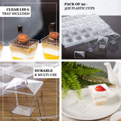 20-Pack Appetizer Cups Square Design Clear - Plastic Disposable Dessert Cups with Tray and Lids 3oz