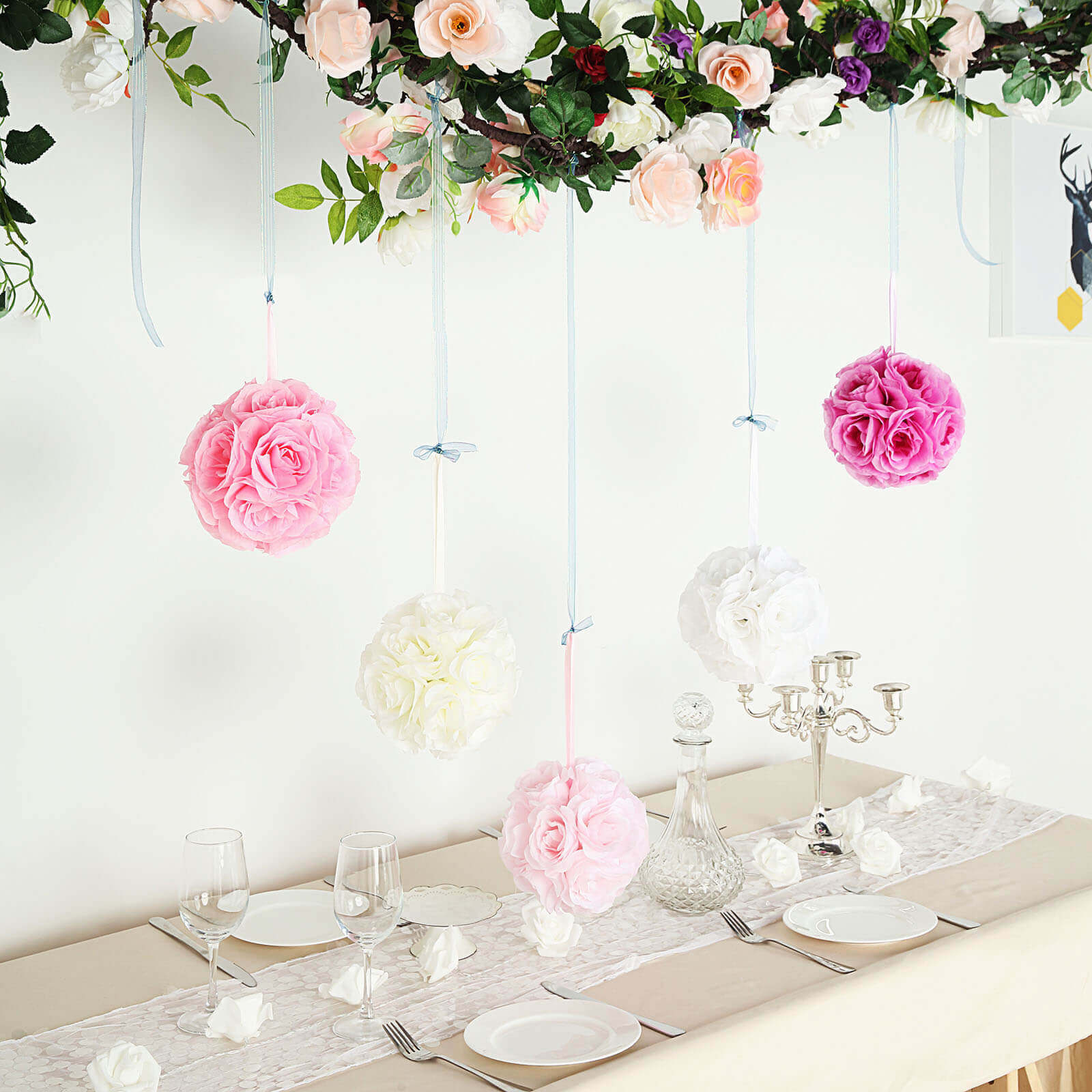 2 Pack 7" Cream Artificial Silk Rose Kissing Ball, Faux Flower Ball