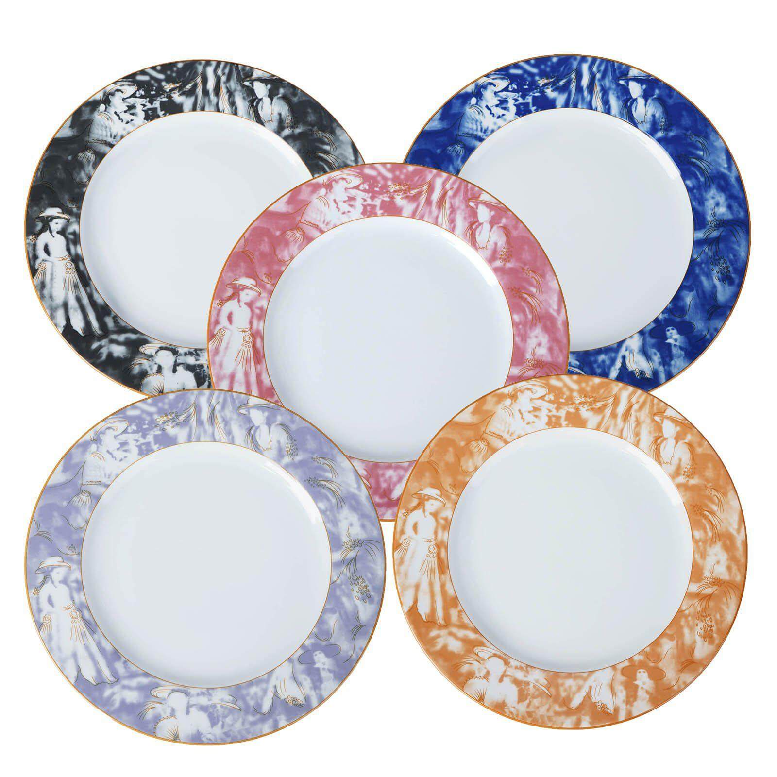 12-Pack Porcelain Dinner Plates White/Black Break Resistant - Durable Microwave Safe Plates with Art Nouveau Rim 11"