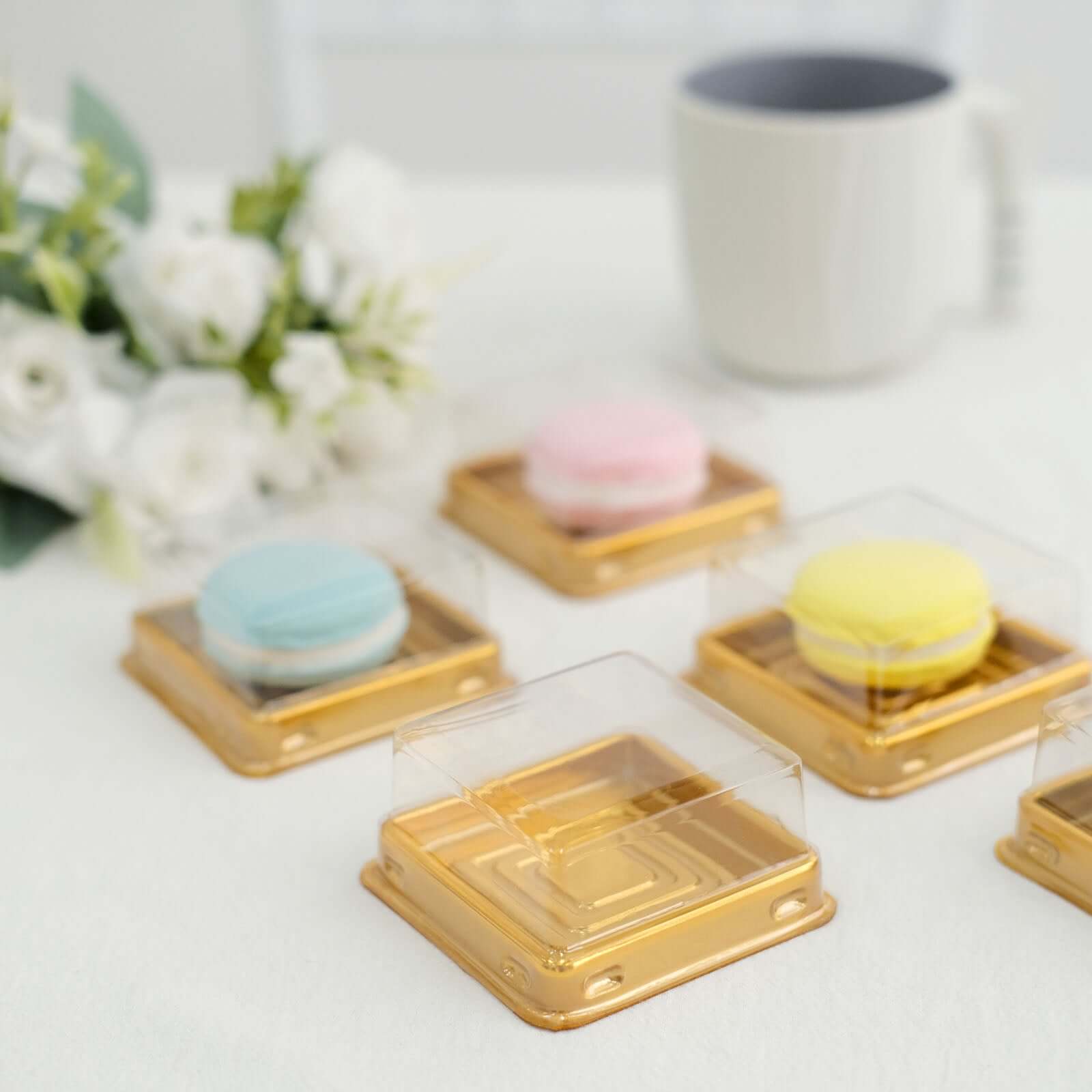 50-Pack Favor Containers Square Design Gold and Clear - Plastic Party Boxes for Cupcakes and Desserts 3"