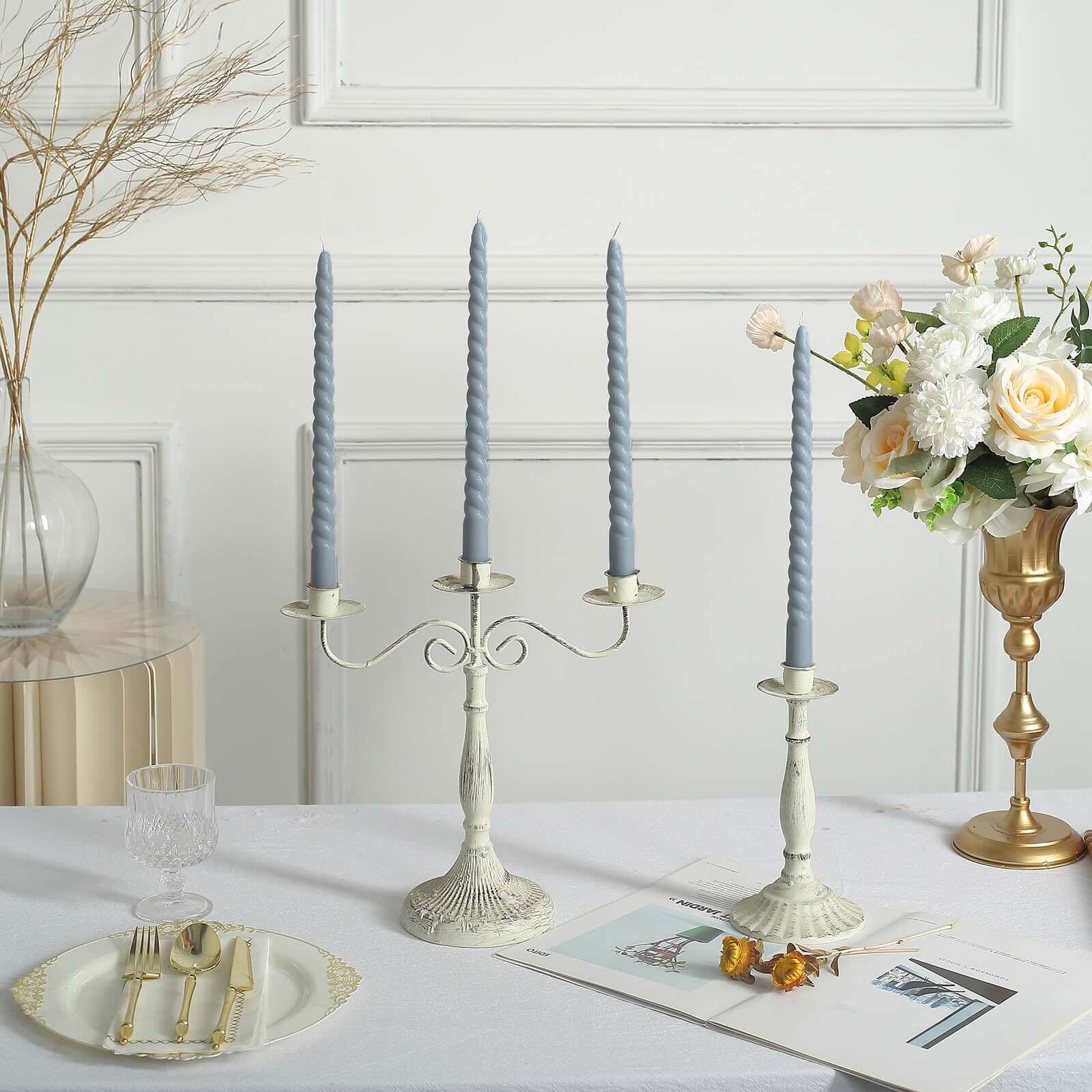 12-Pack Taper Candles Spiral Long Burn Wick Design Dusty Blue - Premium Unscented Wax Dinner Candle Sticks 11"