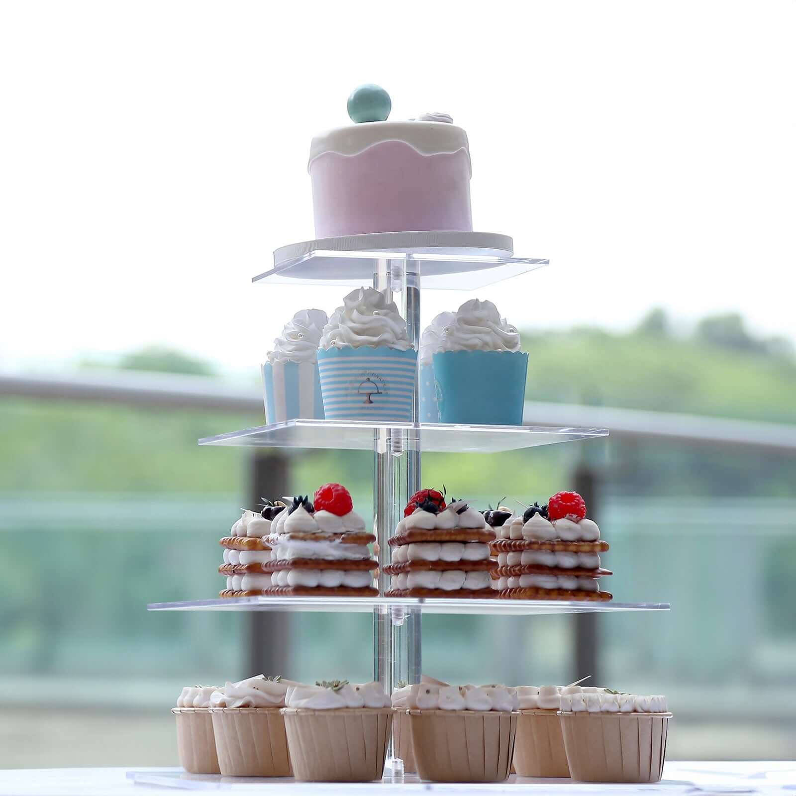 4-Tier Acrylic Square Cupcake Stand Clear - Heavy Duty Dessert Tower Display Holder for Pastries Appetizers & Snacks 12"
